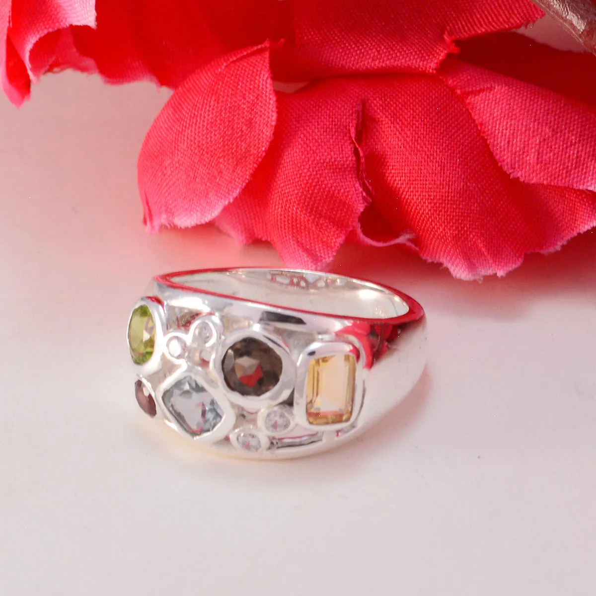 Elegant Gem Multi Stone 925 Sterling Silver Ring Black Metal Jewelry