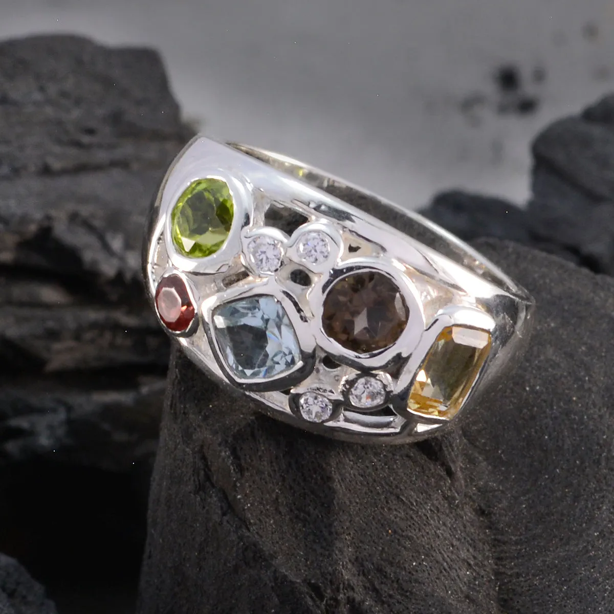 Elegant Gem Multi Stone 925 Sterling Silver Ring Black Metal Jewelry