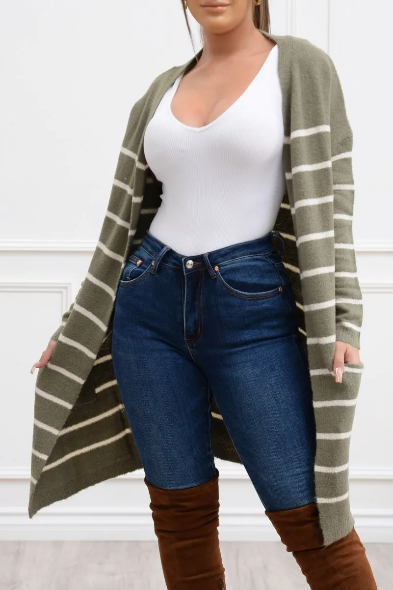 Fall Vibes Stripped Cardigan Olive/White