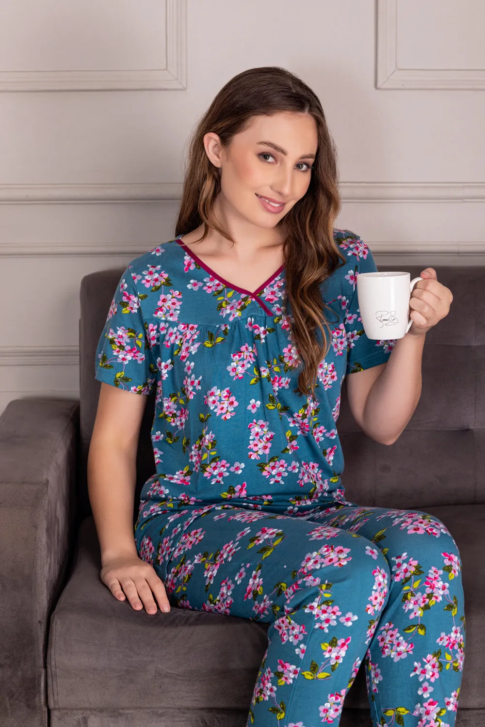 Floral Cotton Pj set with Gathers