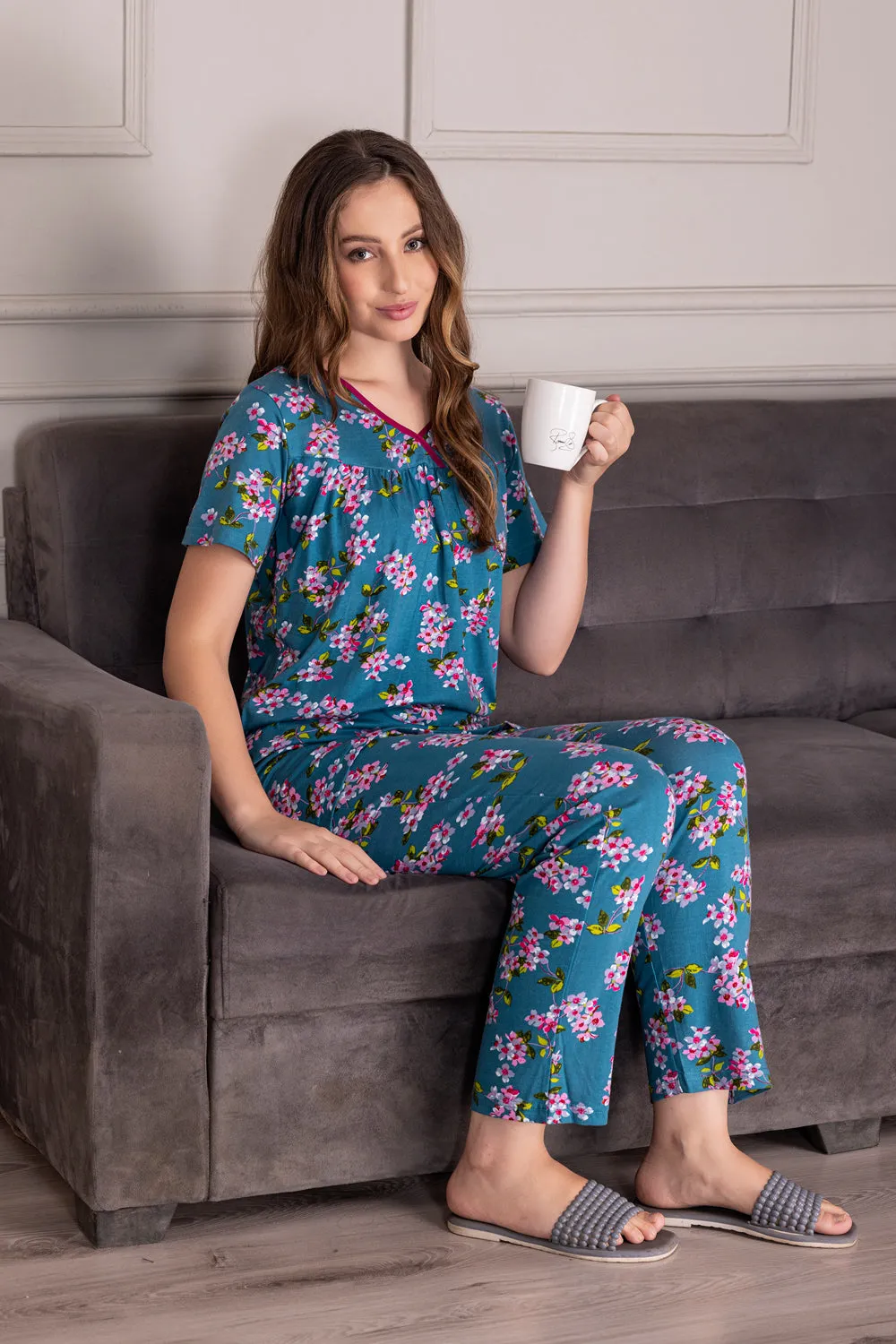 Floral Cotton Pj set with Gathers