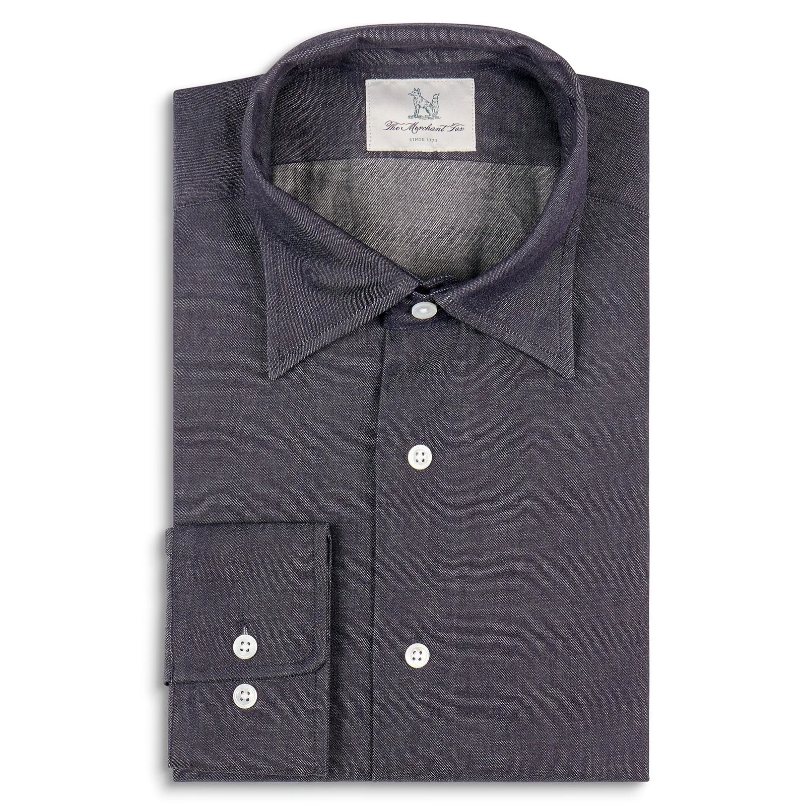 Fox Dark Chambray Blue Plain Collar Casual Shirt