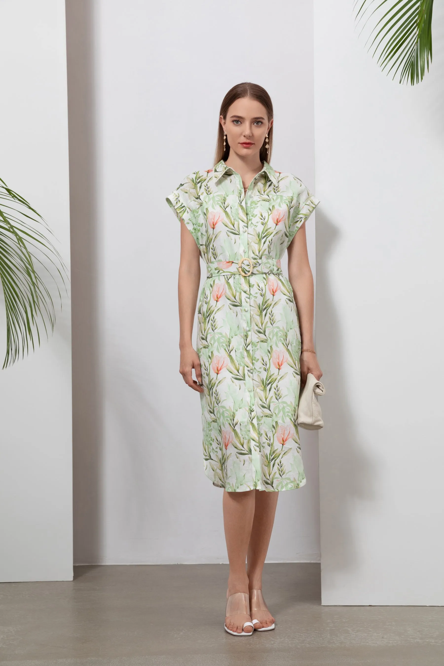 Frances Linen Midi Dress - White/Green - GDS