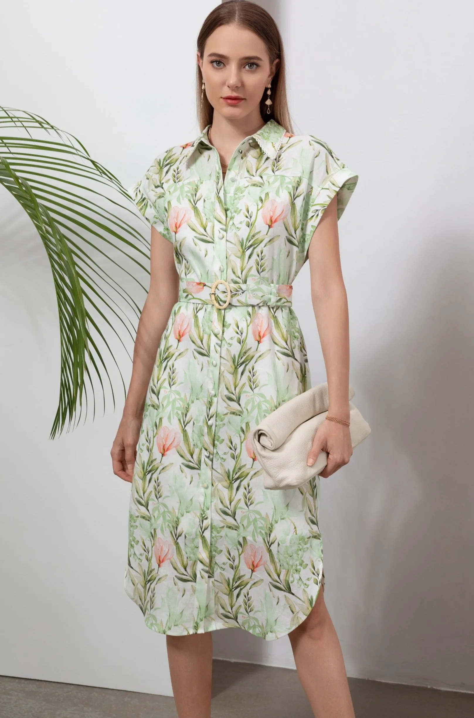 Frances Linen Midi Dress - White/Green - GDS