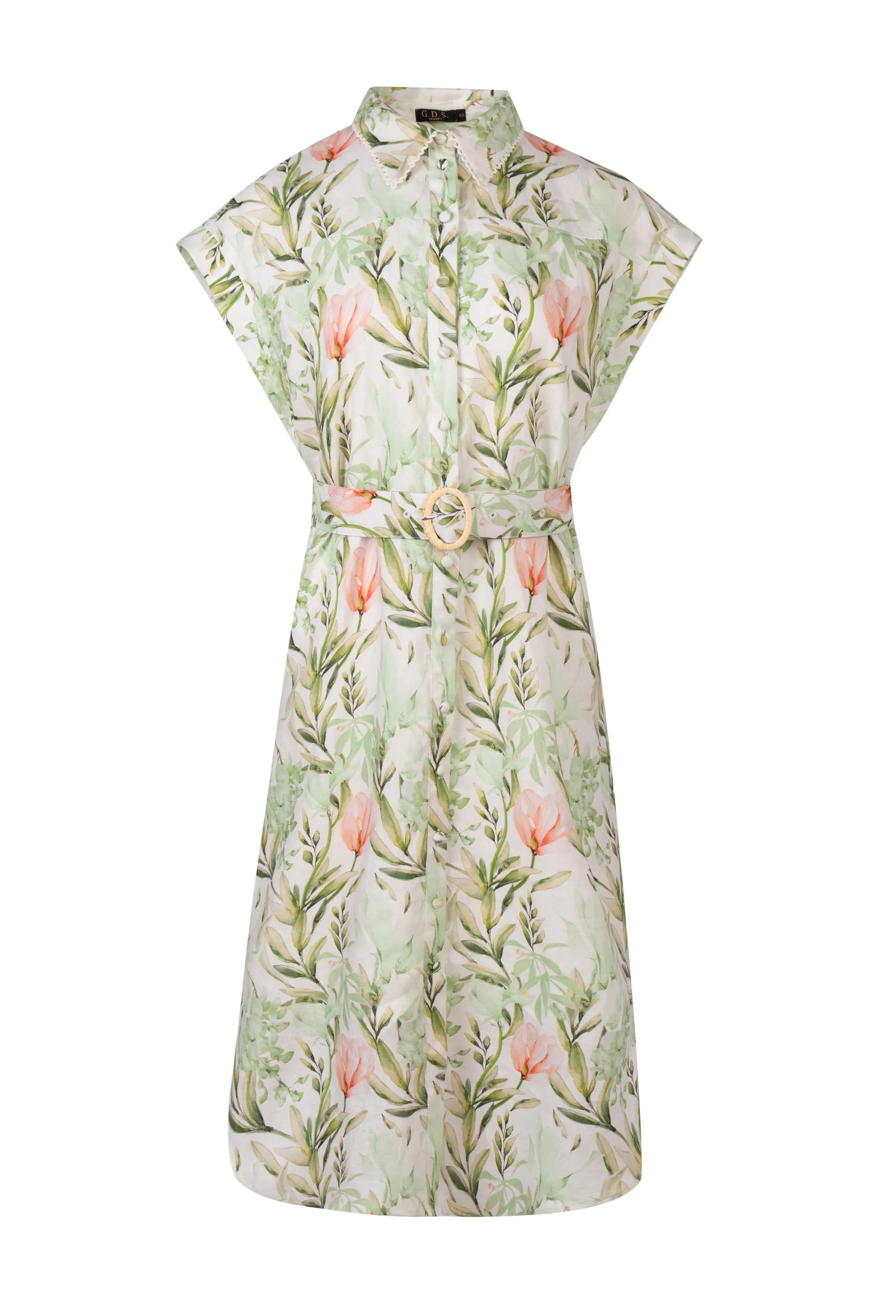 Frances Linen Midi Dress - White/Green - GDS