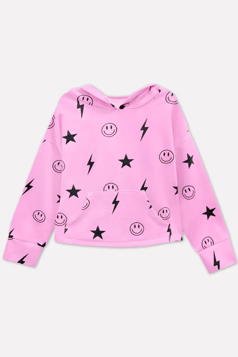 French Terry Easy Hoodie - Candy Pink Star Smile Bolts