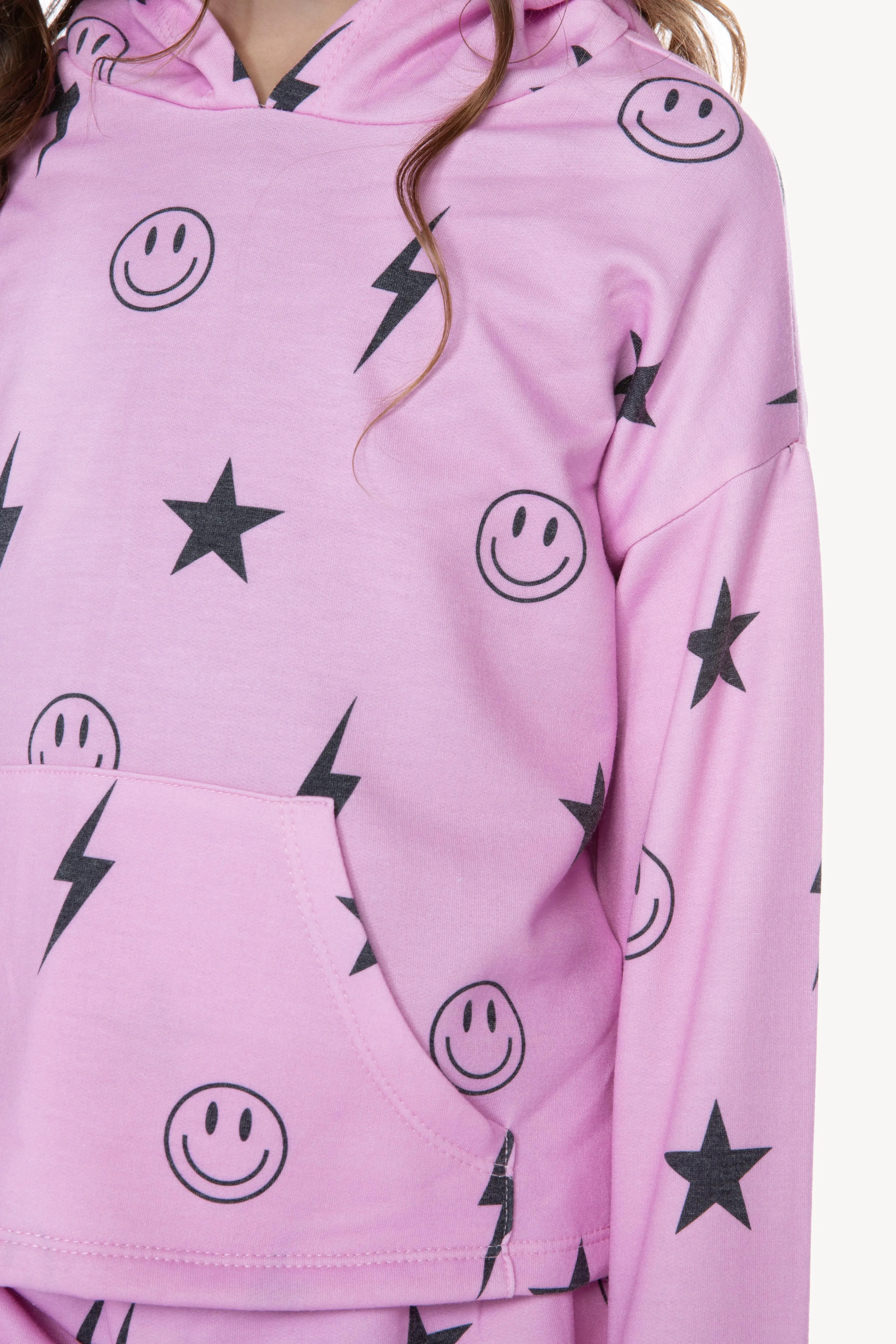 French Terry Easy Hoodie - Candy Pink Star Smile Bolts