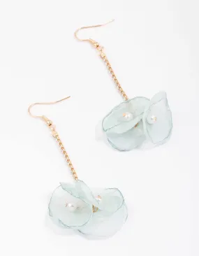 Gold & Blue Cupchain Flower Pearl Drop Earrings