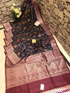 Greyish Blue Color Pure Tussar Banarasi Saree with Kalamkari Work