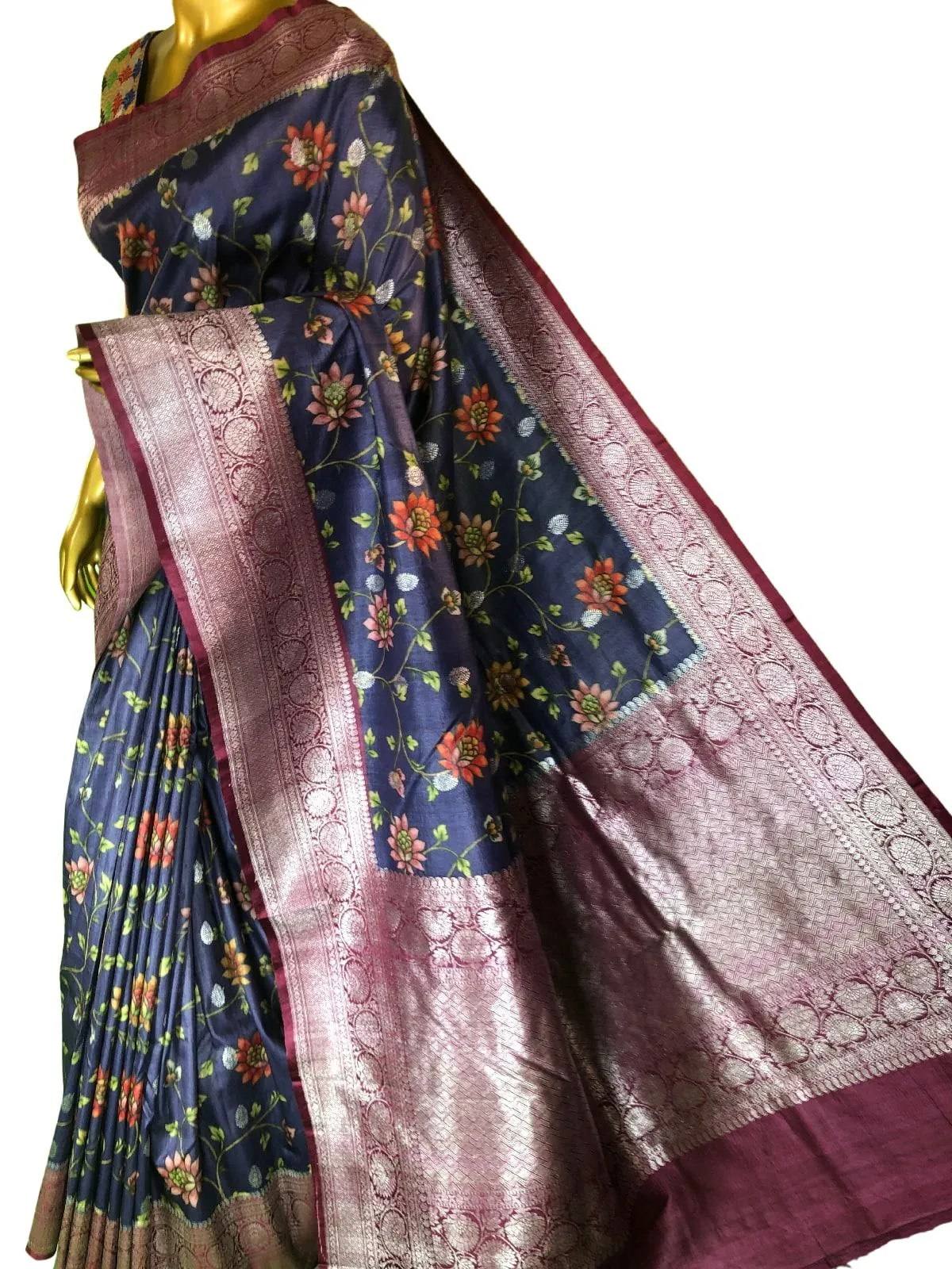 Greyish Blue Color Pure Tussar Banarasi Saree with Kalamkari Work