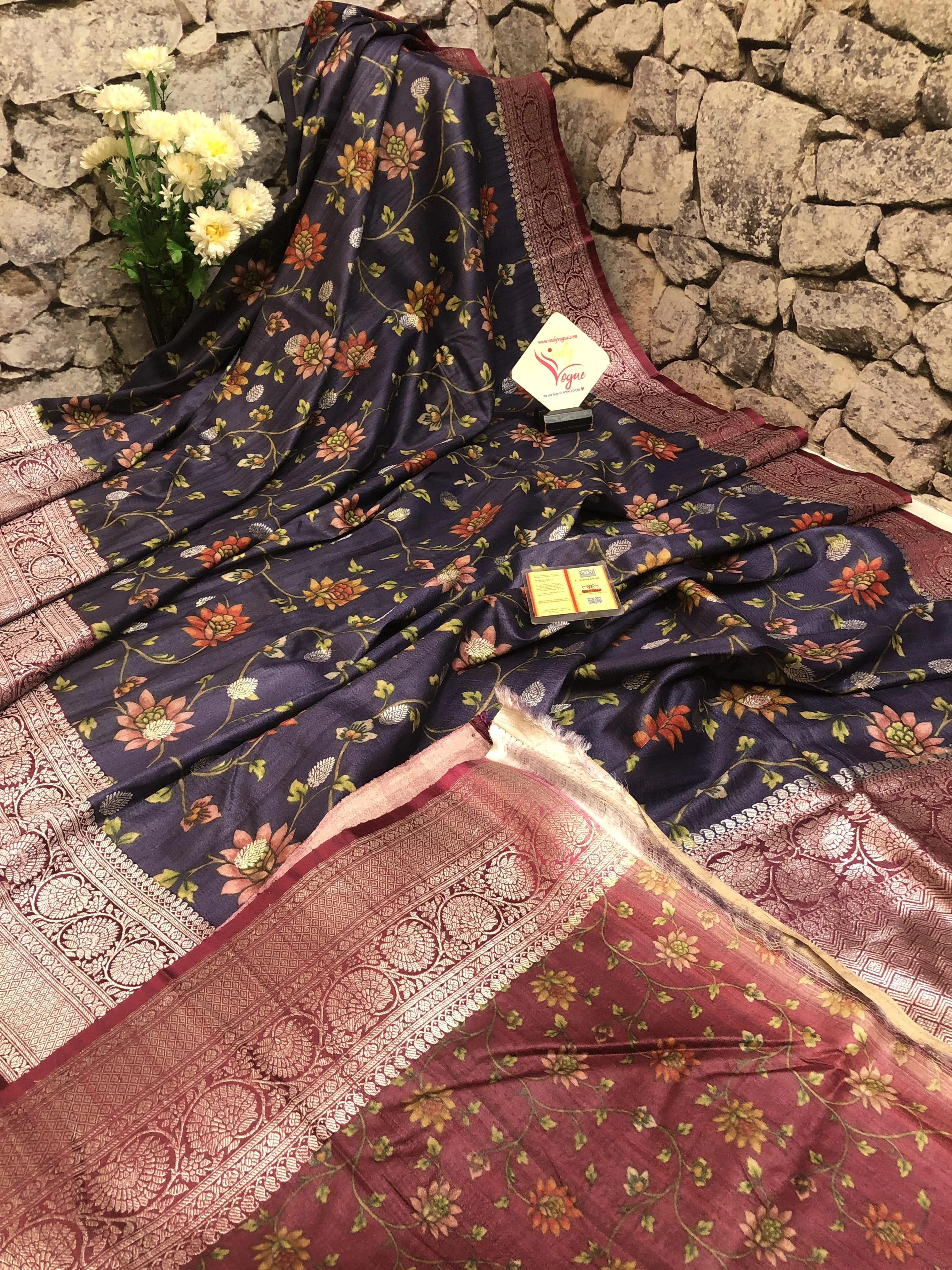 Greyish Blue Color Pure Tussar Banarasi Saree with Kalamkari Work