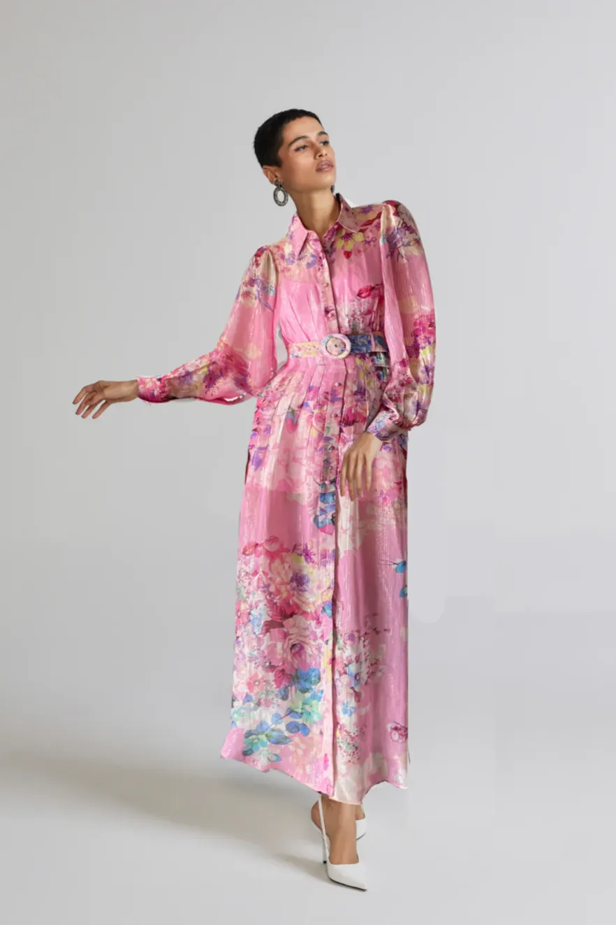 Hemant and Nandita - April Long Shirt Dress - Pink Floral