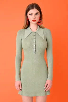 Honeydew Lurex Long Sleeve Mini Flared Polo Dress