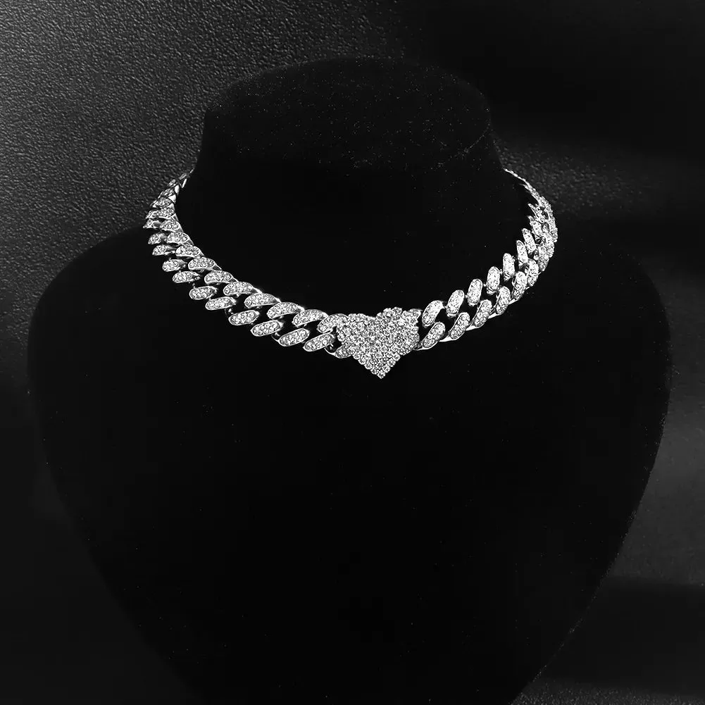 Iced Out Heart-Shaped Curb Cuban Chain Necklace - Rhinestone Choker