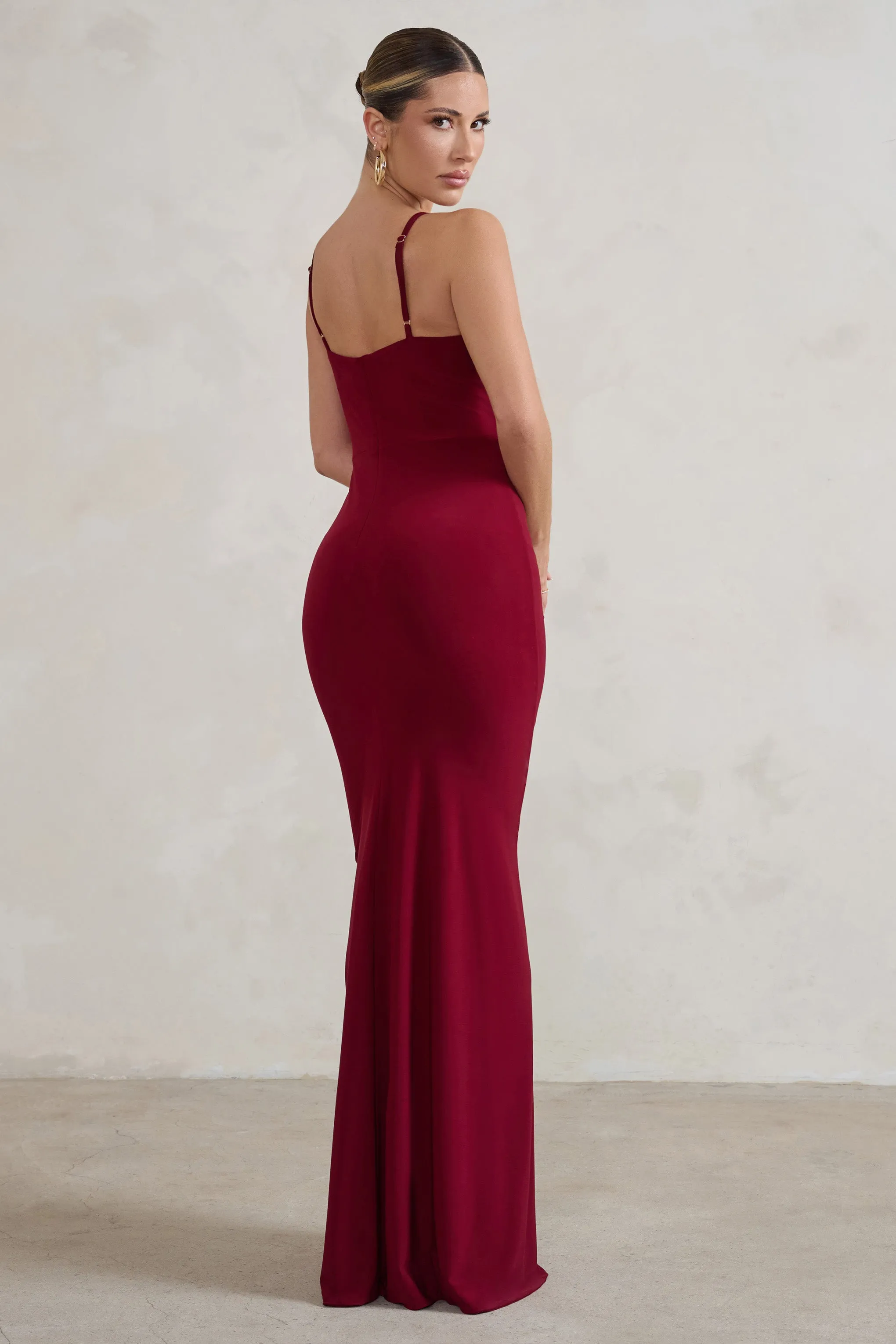 Jeanne | Berry Red Plunge Ruched Cami Maxi Dress With Split