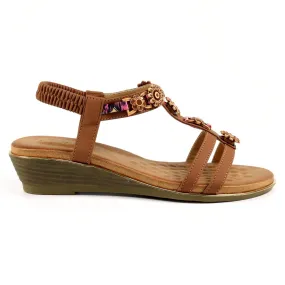 Ladies Lunar Frankie Sandal Tan Soft Low Wedge Heel