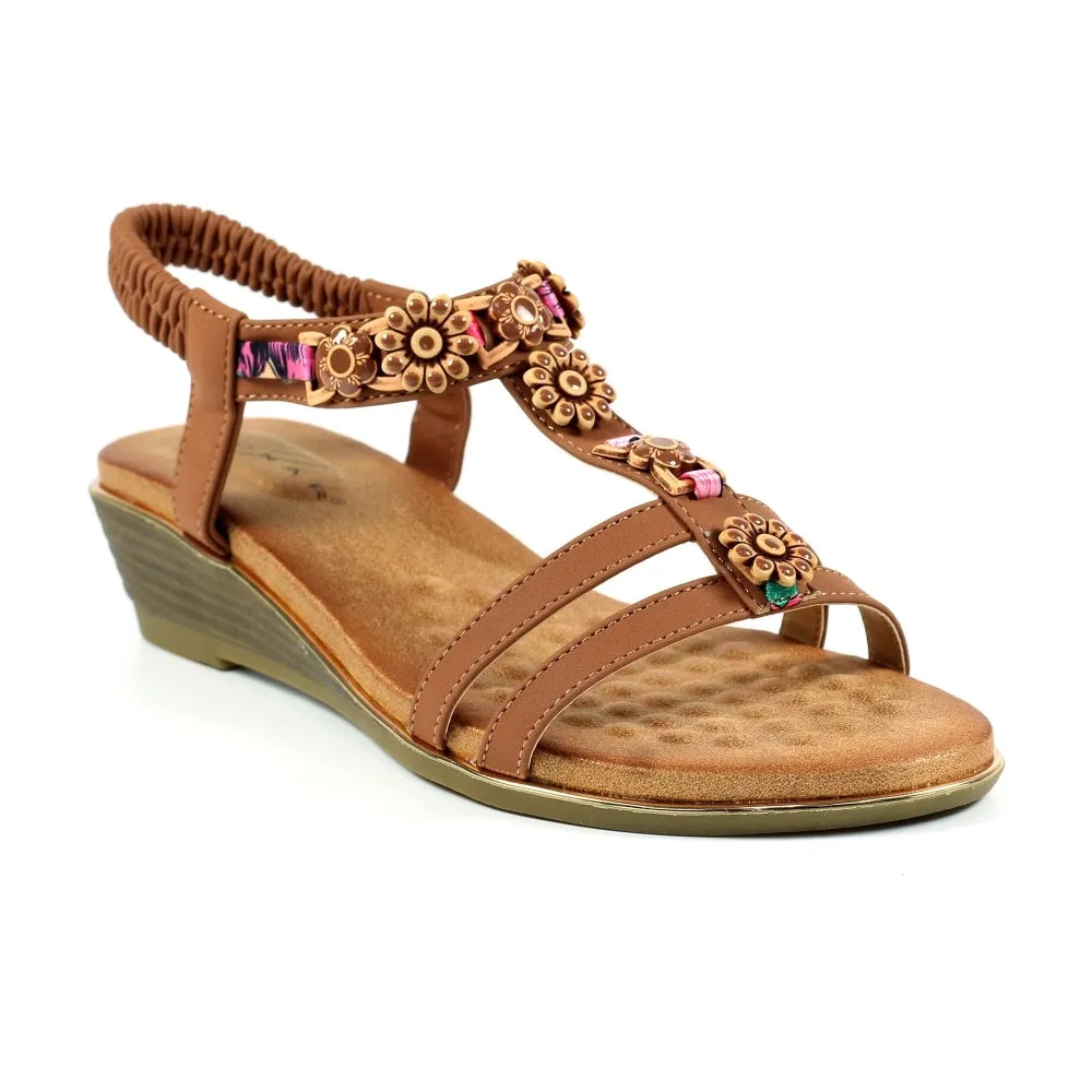 Ladies Lunar Frankie Sandal Tan Soft Low Wedge Heel