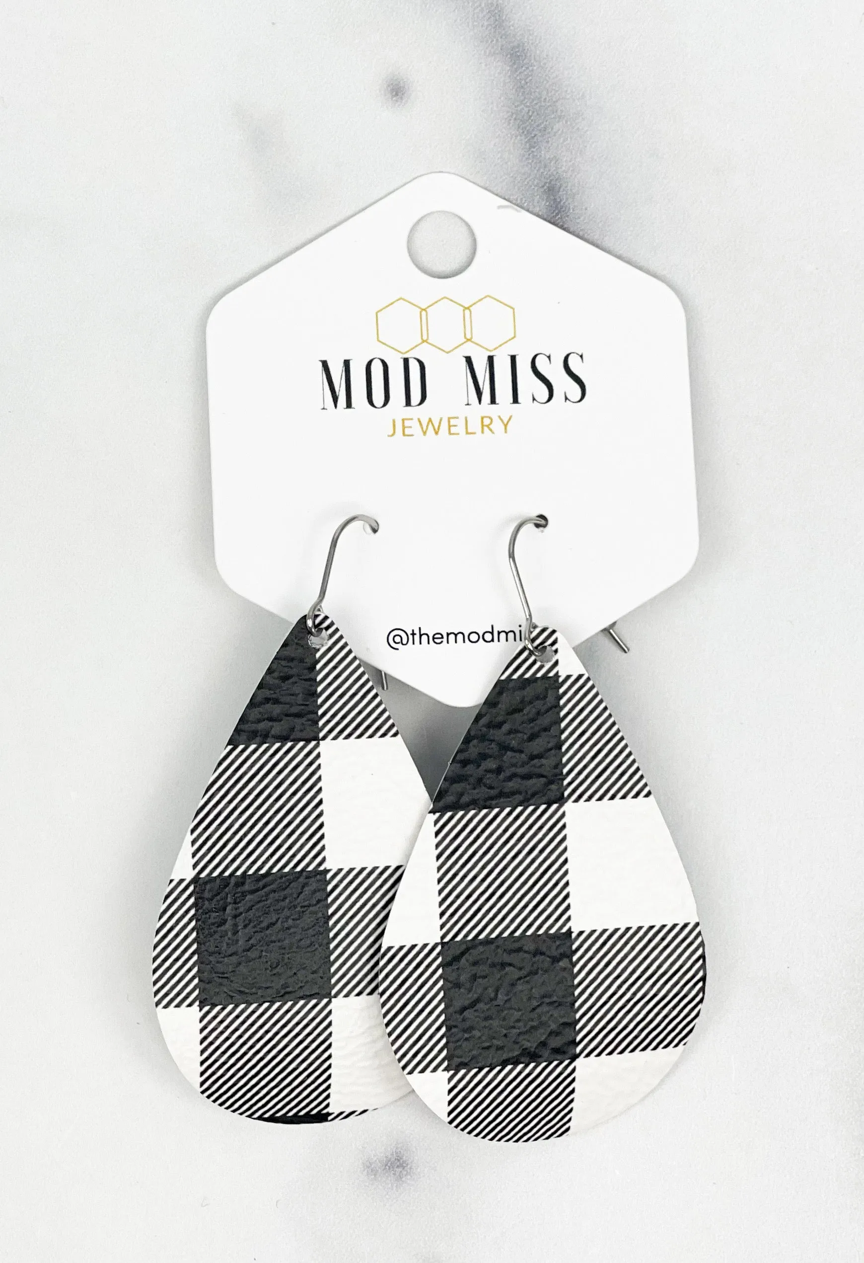 Leather Teardrop Earring Buffalo Plaid White