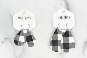 Leather Teardrop Earring Buffalo Plaid White