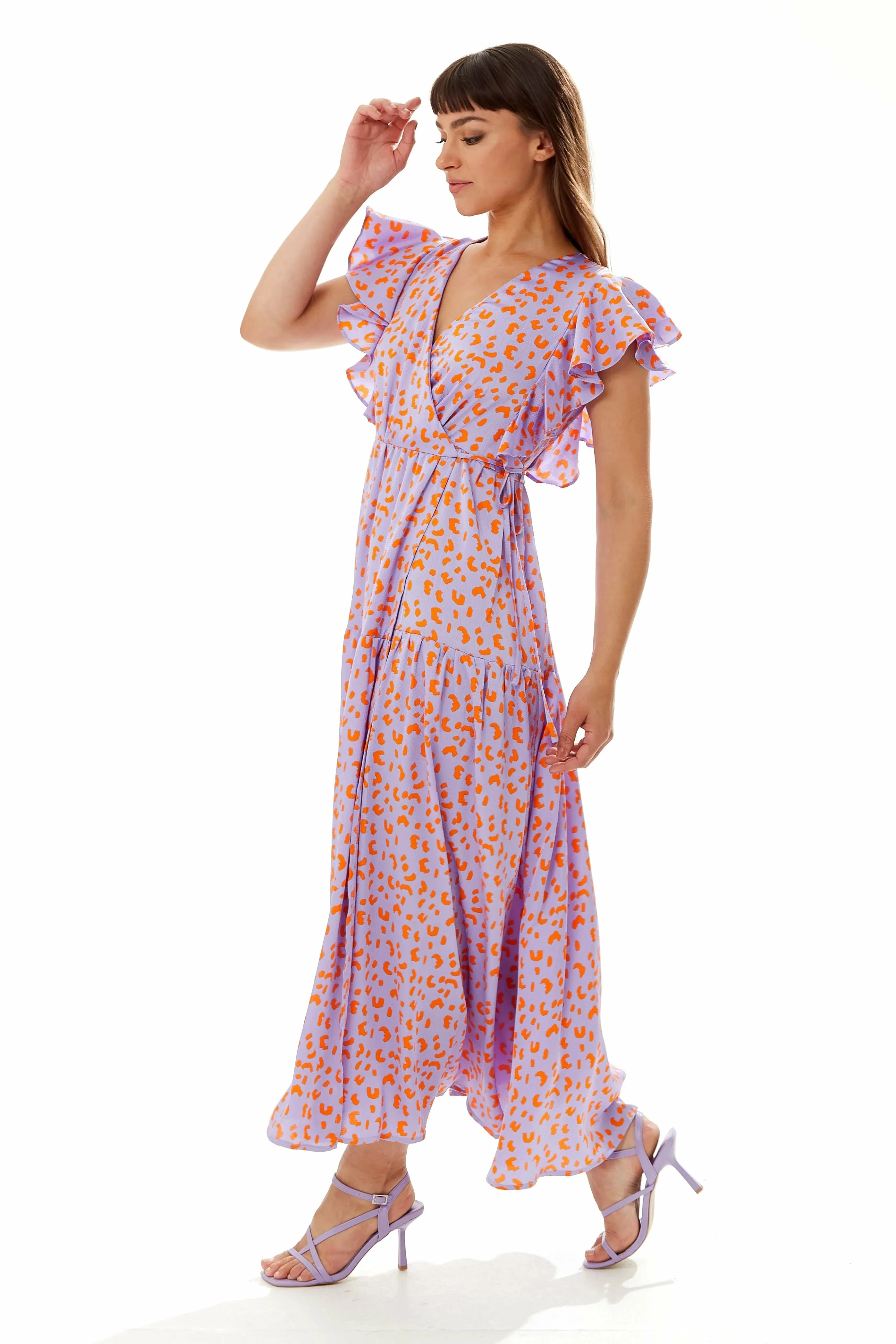 Liquorish Cheetah Print Maxi Wrap Dress In Lilac And Orange