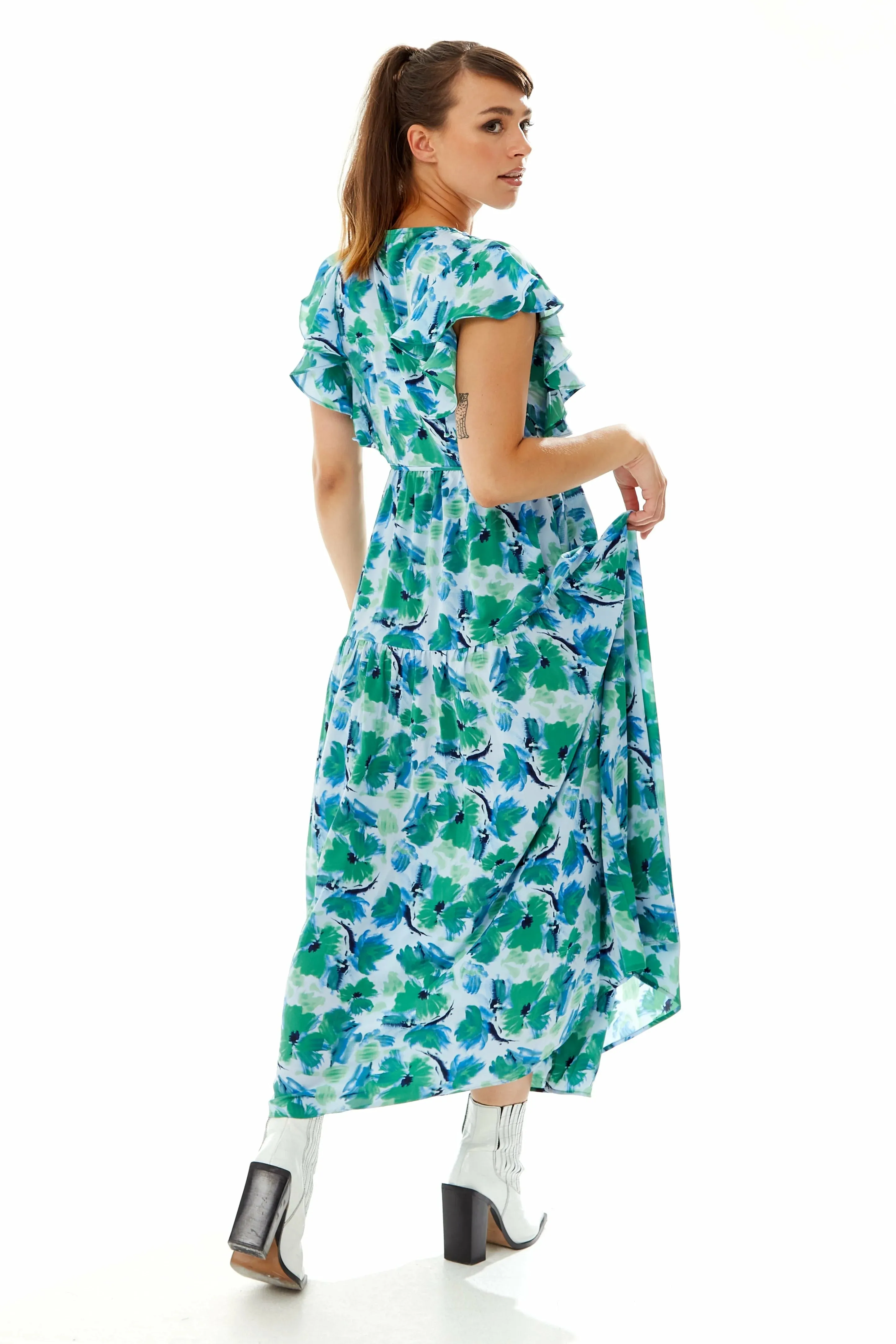 Liquorish Floral Maxi Wrap Dress In Green And Blue