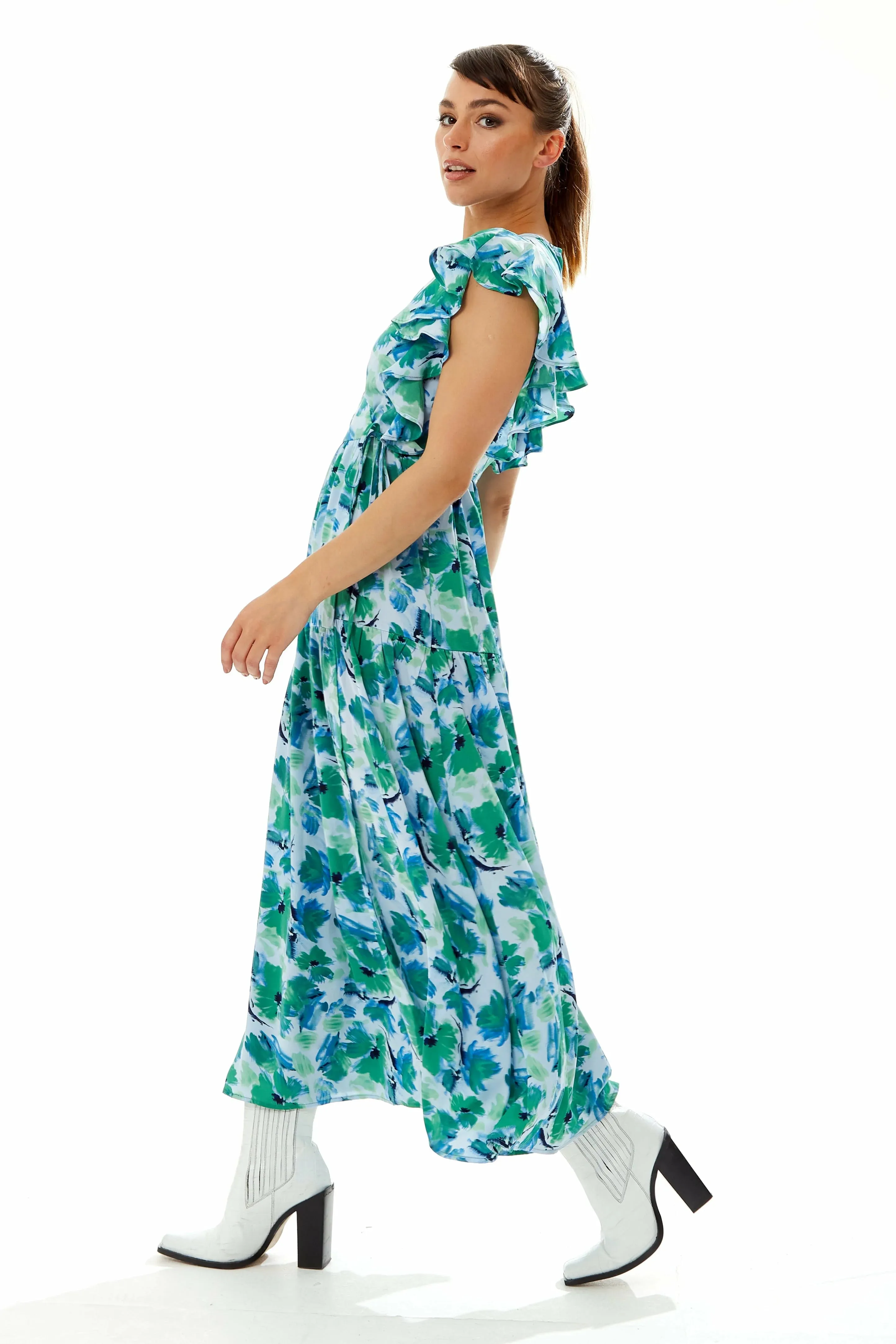 Liquorish Floral Maxi Wrap Dress In Green And Blue