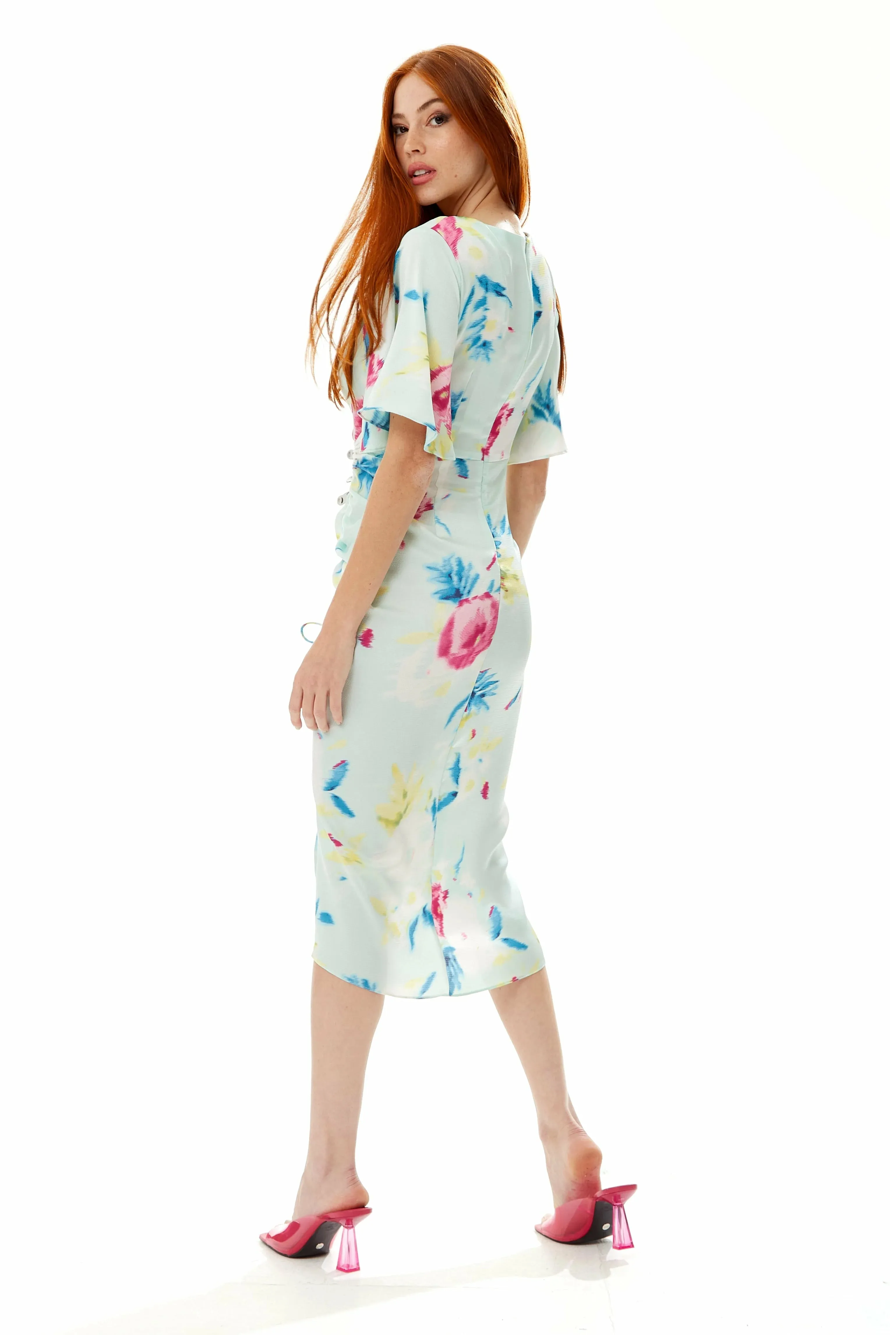 Liquorish Midi Wrap Dress With Floral Print In Mint Green