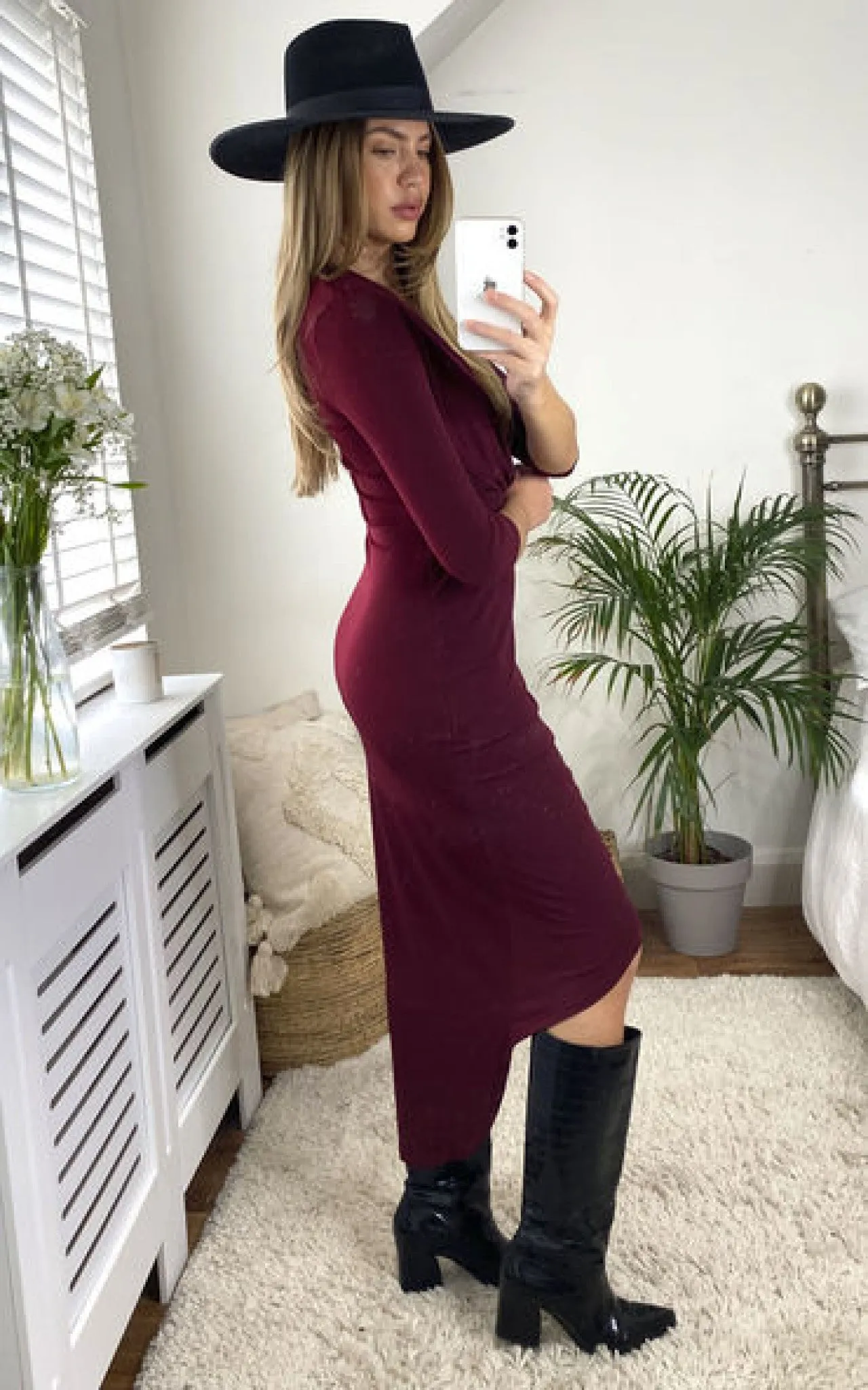 Love And Joy London Midi Wrap Dress In Burgundy