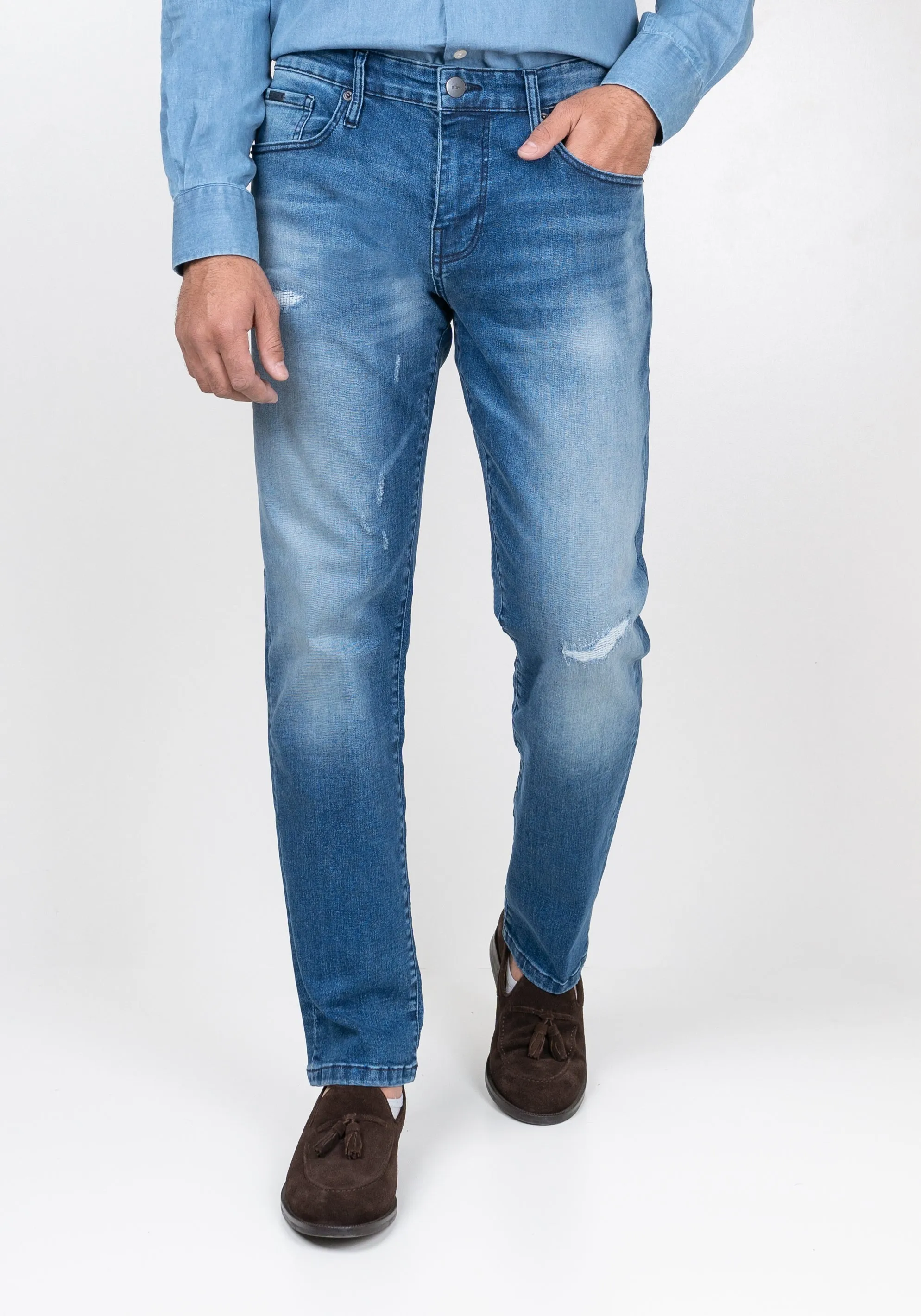 Medium Wash Slight Rip & Repair Slim Fit Jeans - Flex