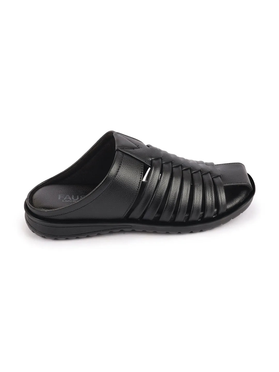 Men Black Genuine Leather Criss Cross Strap Back Open Slip On Closed Toe Dress Sandals