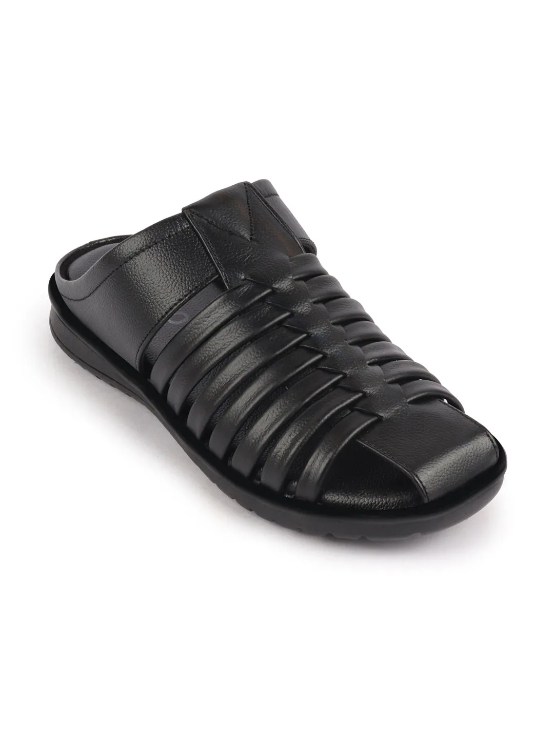 Men Black Genuine Leather Criss Cross Strap Back Open Slip On Closed Toe Dress Sandals