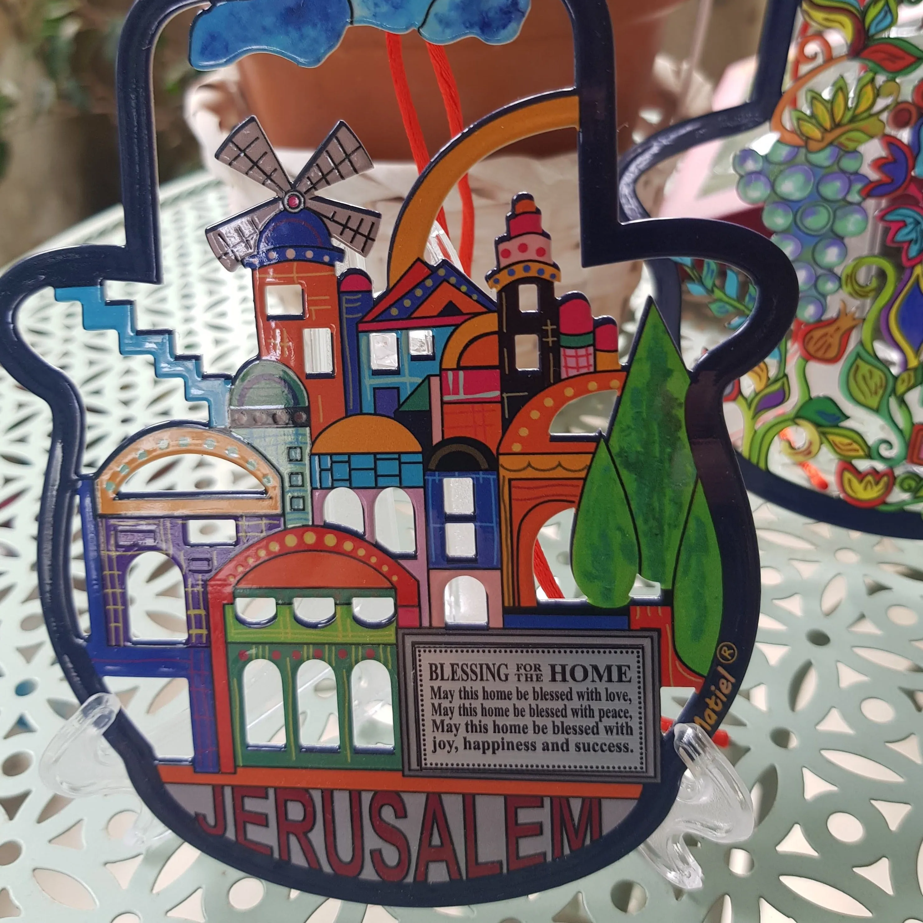 Metal Hamsa Jerusalem Colourful View Home Blessing in English Laser Cut