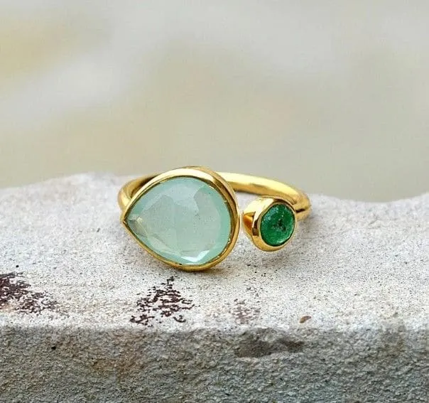 Multi Gemstone - Natural Chalcedony, Green Onyx Gemstone 925 Solid Sterling Silver Ring, Gold Plated, Gift for Her