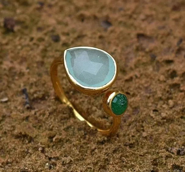 Multi Gemstone - Natural Chalcedony, Green Onyx Gemstone 925 Solid Sterling Silver Ring, Gold Plated, Gift for Her