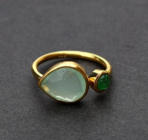 Multi Gemstone - Natural Chalcedony, Green Onyx Gemstone 925 Solid Sterling Silver Ring, Gold Plated, Gift for Her