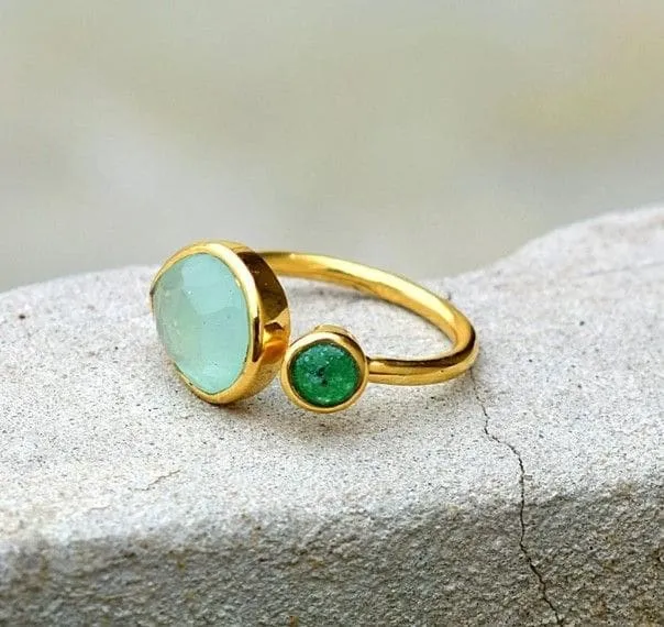 Multi Gemstone - Natural Chalcedony, Green Onyx Gemstone 925 Solid Sterling Silver Ring, Gold Plated, Gift for Her