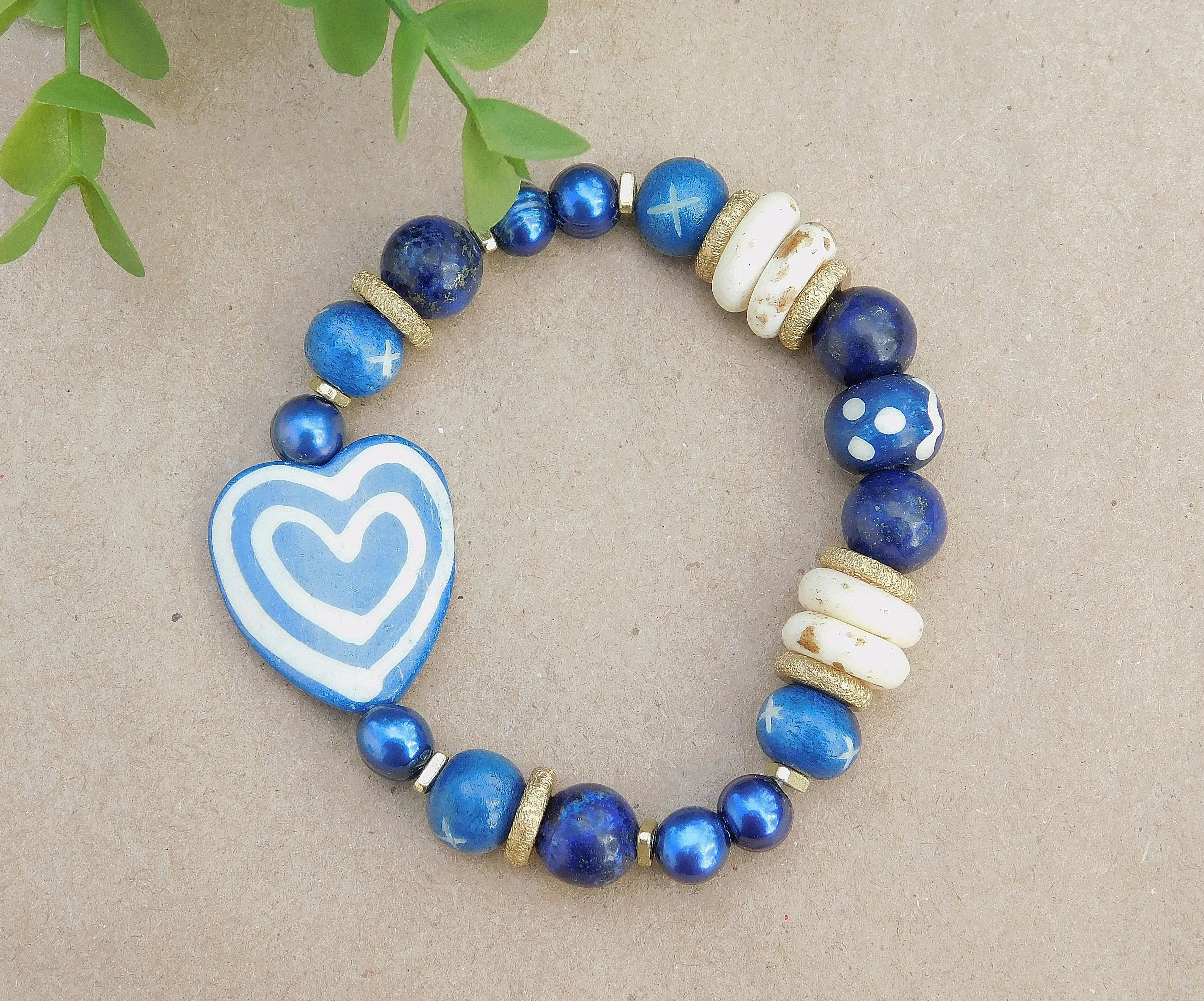 Navy Blue and White Heart Bracelet