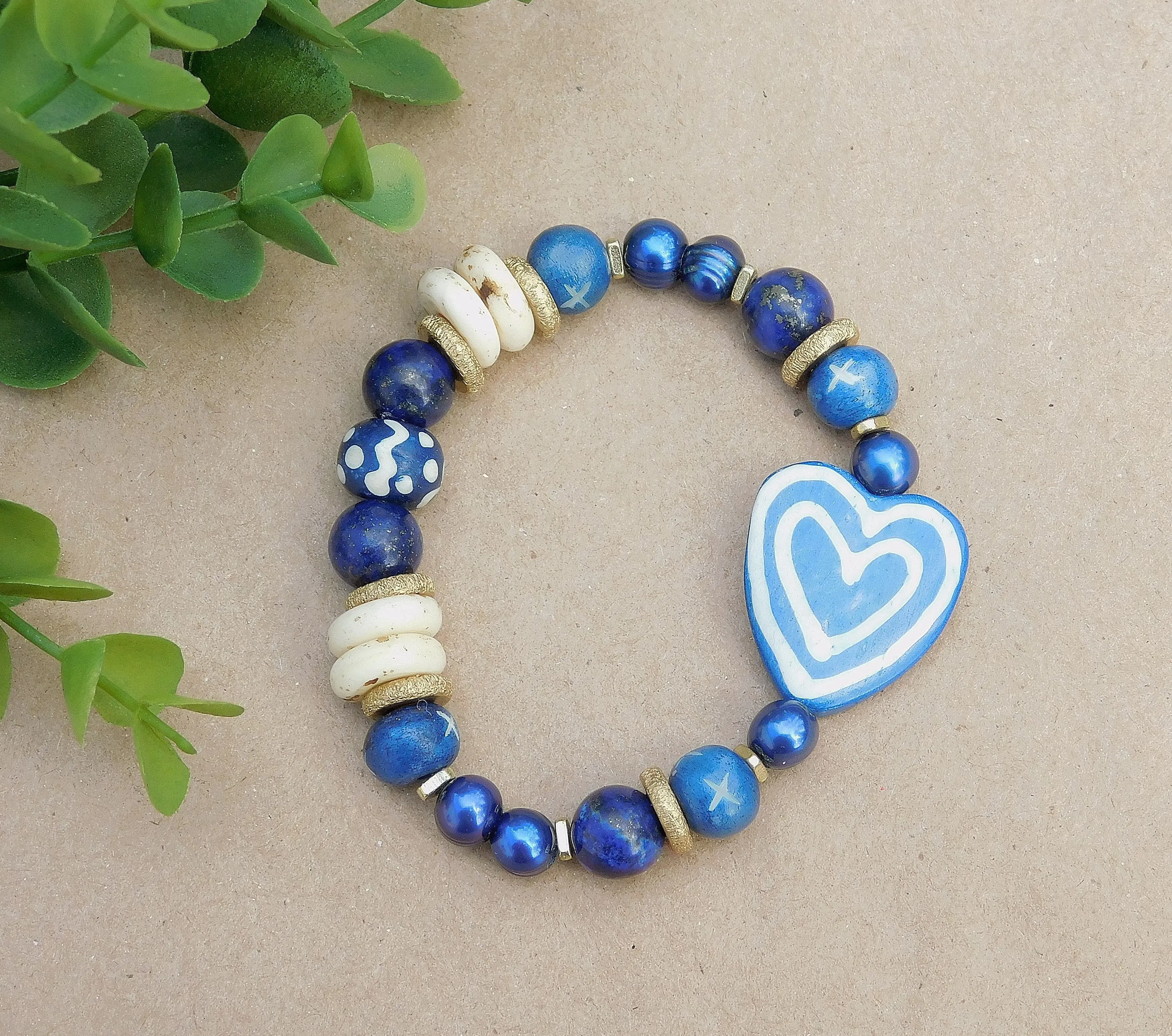 Navy Blue and White Heart Bracelet