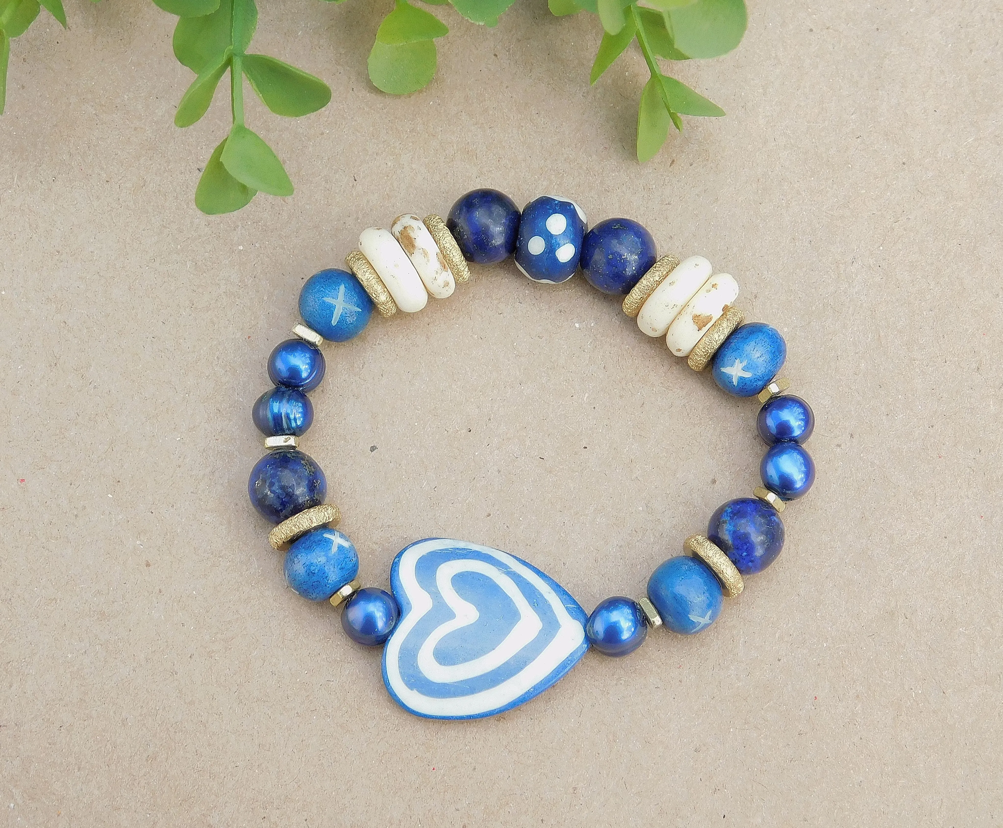 Navy Blue and White Heart Bracelet