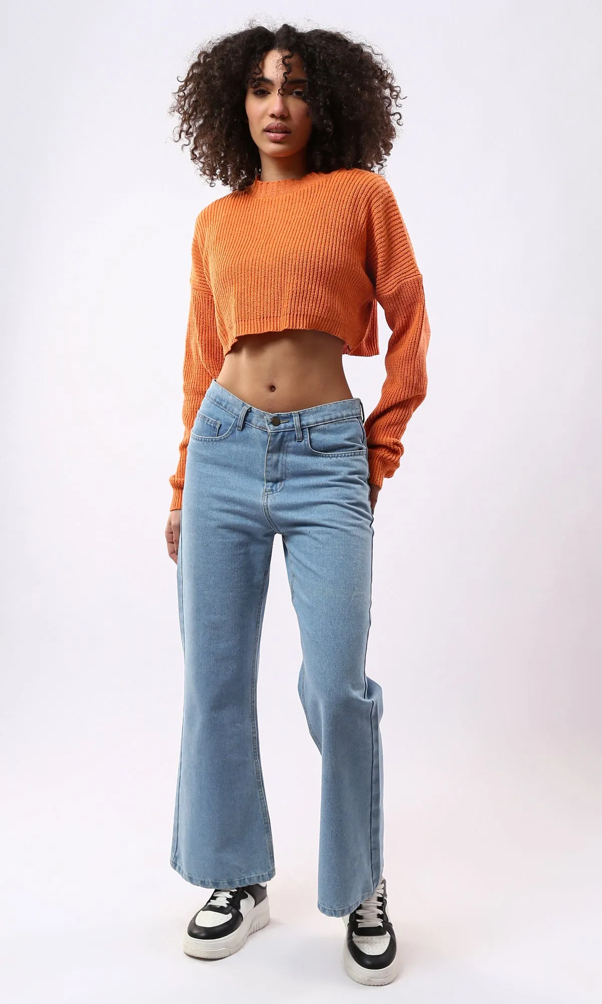 O172585 Loose Fit Orange Slip On Cropped Pullover