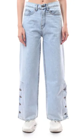 O175687 Ice Blue Wide Leg Solid Casual Jeans