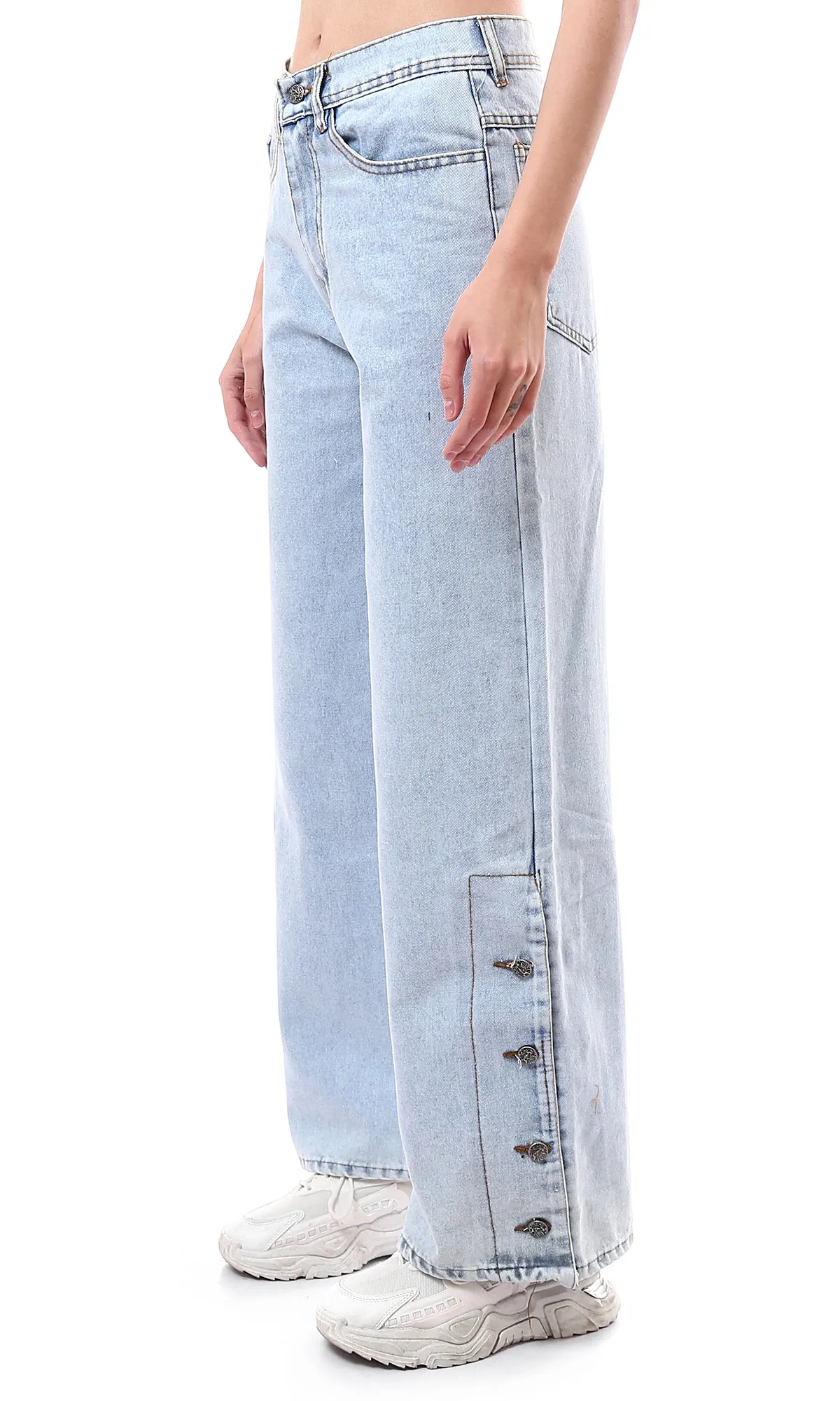 O175687 Ice Blue Wide Leg Solid Casual Jeans