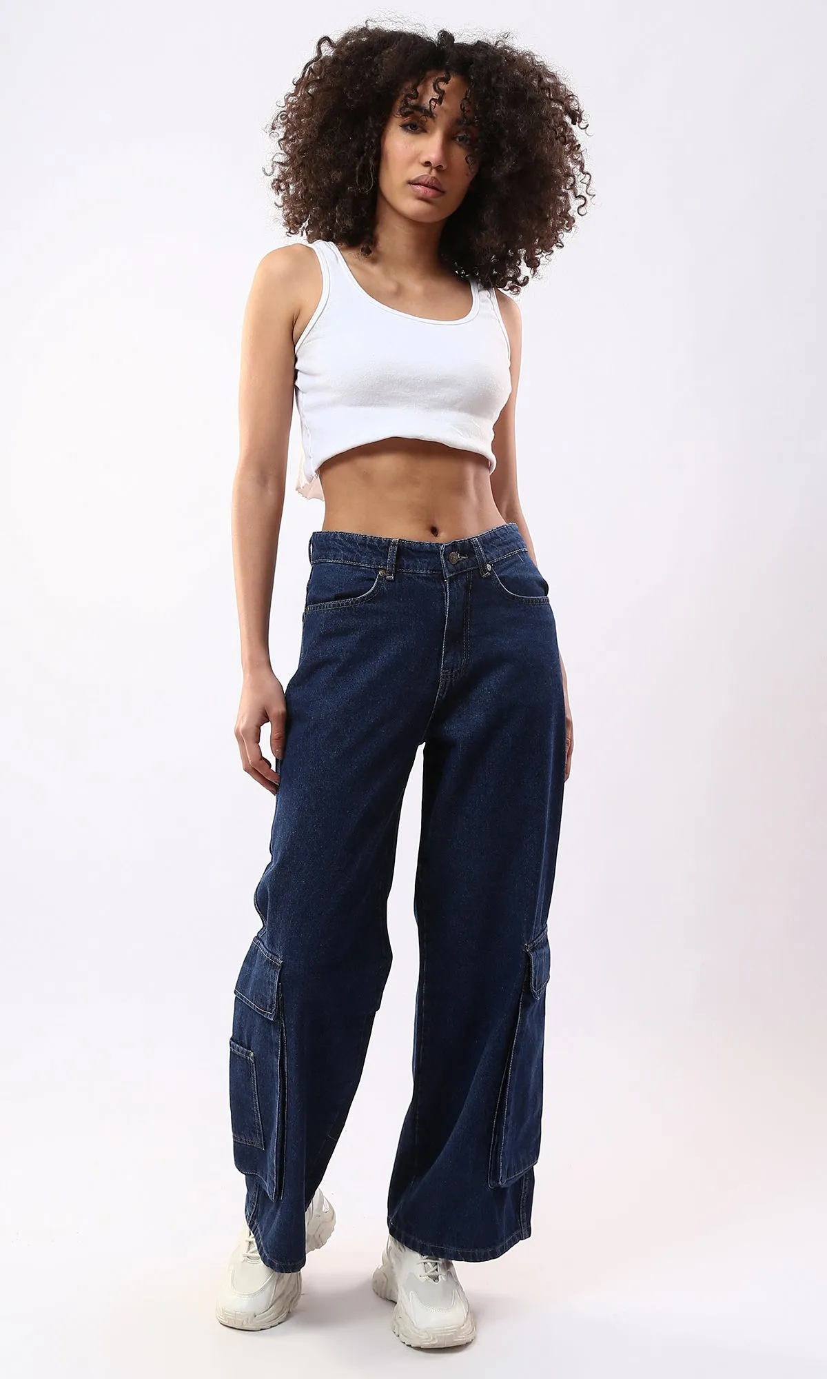 O177962 Regular Fit Wide Leg Solid Casual Jeans - Dark Blue