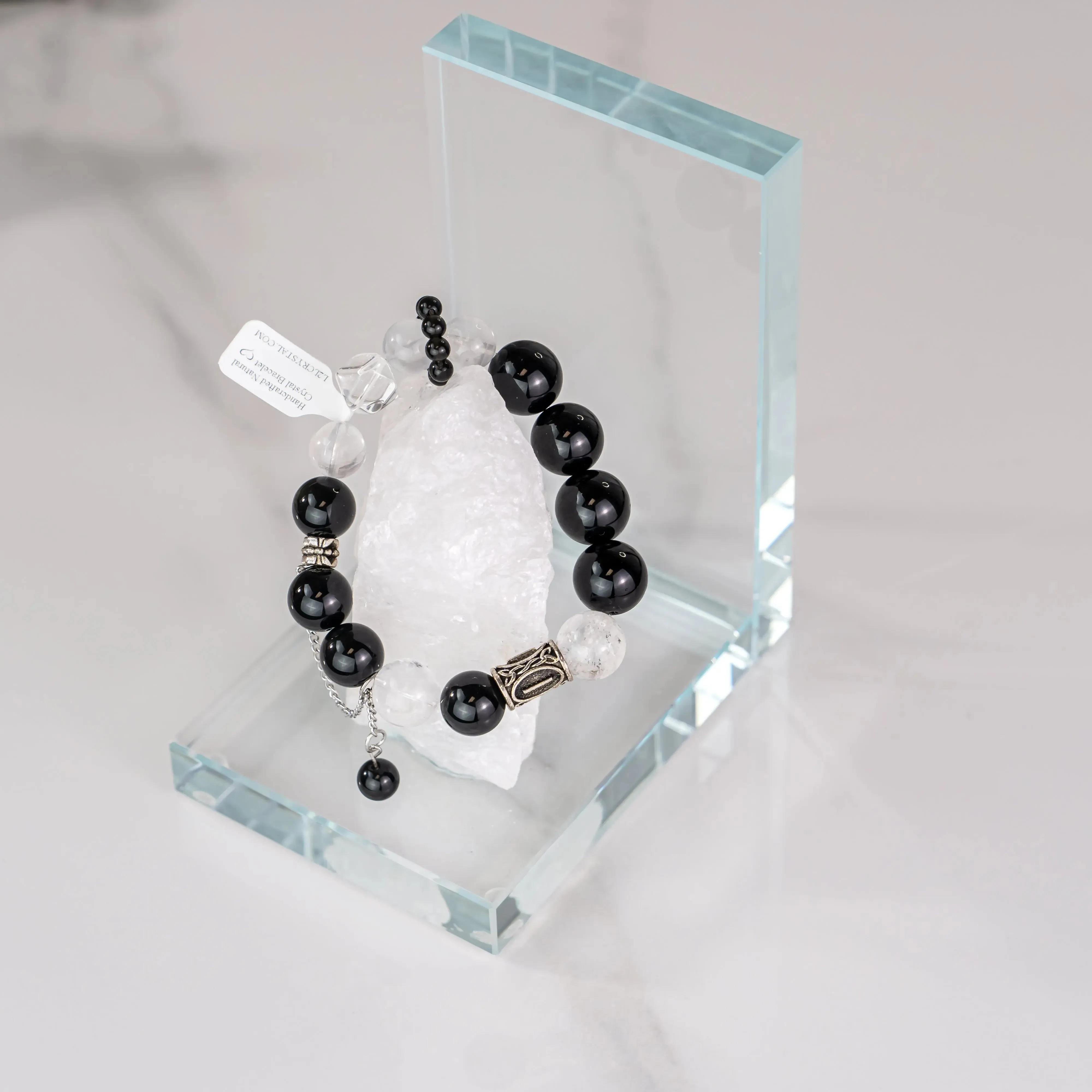 Obsidian White Phantom Quartz Azeztulite Bracelet