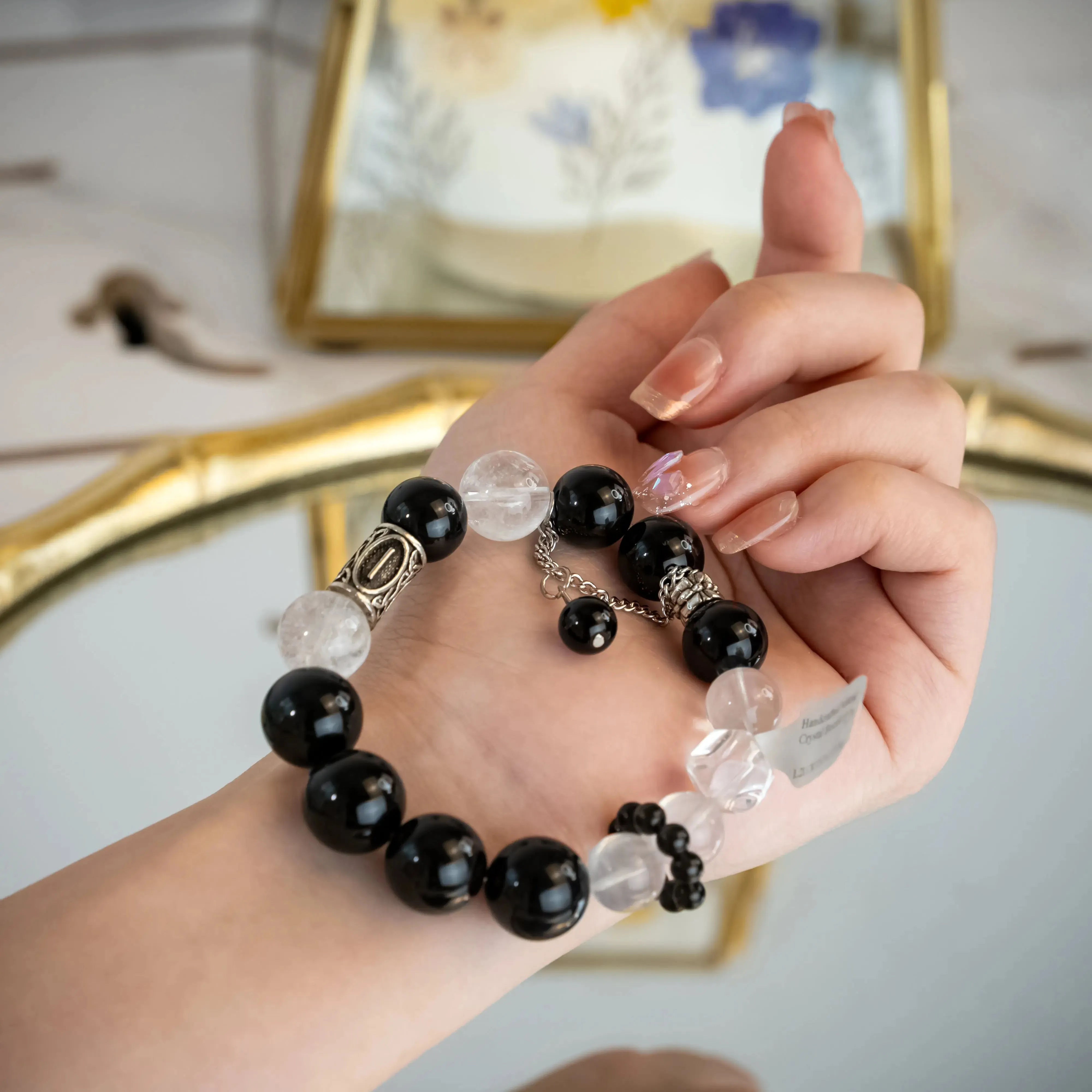 Obsidian White Phantom Quartz Azeztulite Bracelet