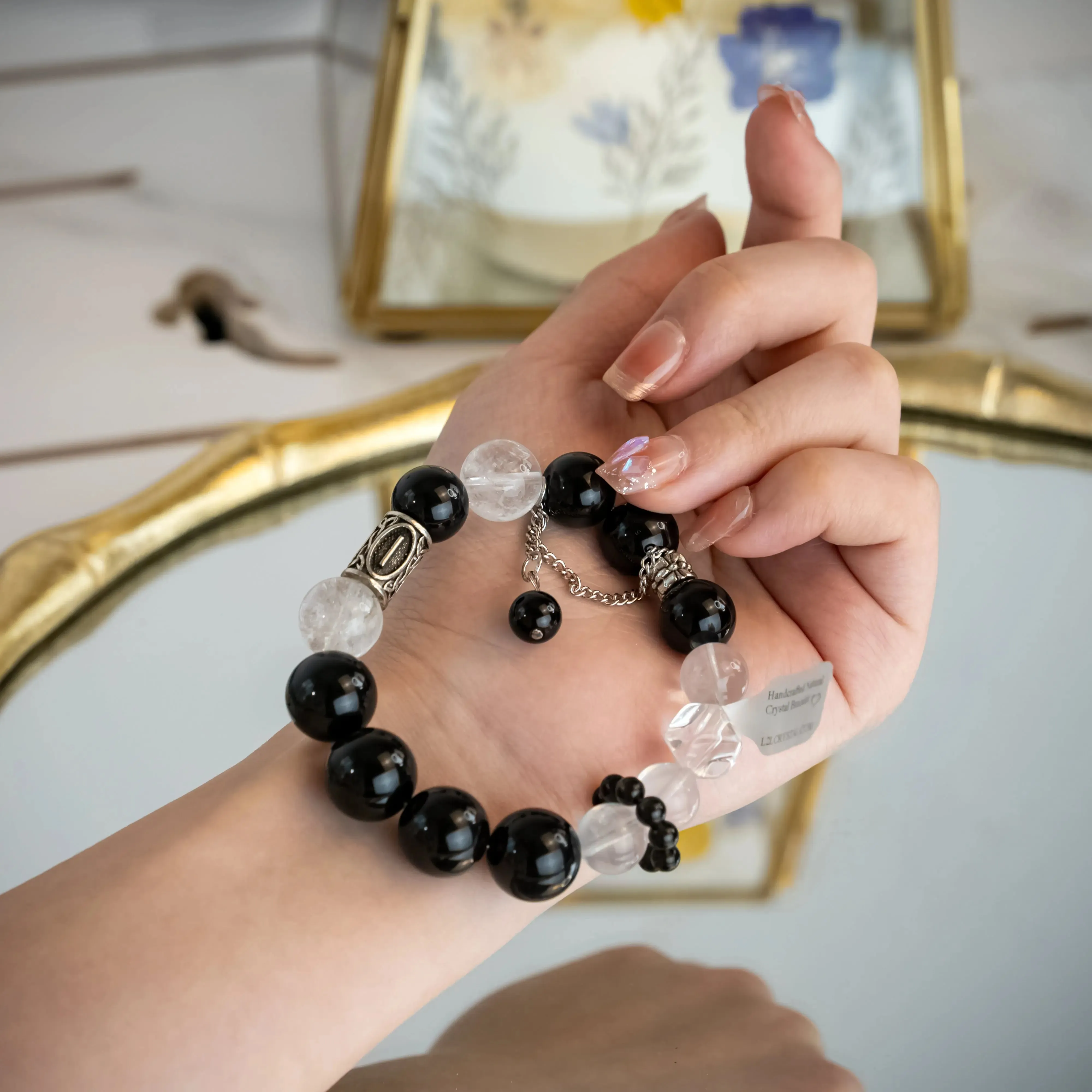 Obsidian White Phantom Quartz Azeztulite Bracelet