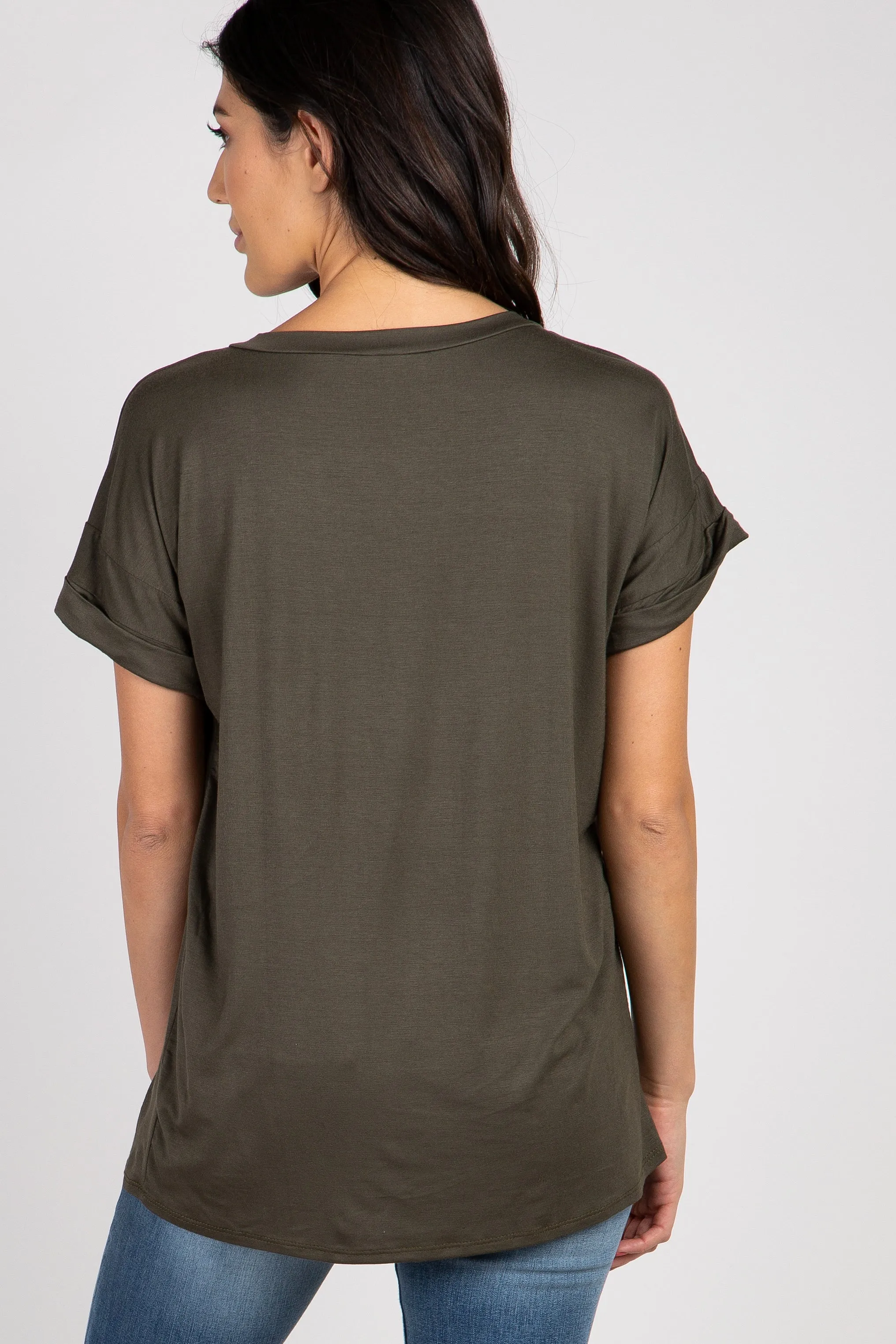 Olive V-Neck Pocket Accent Top