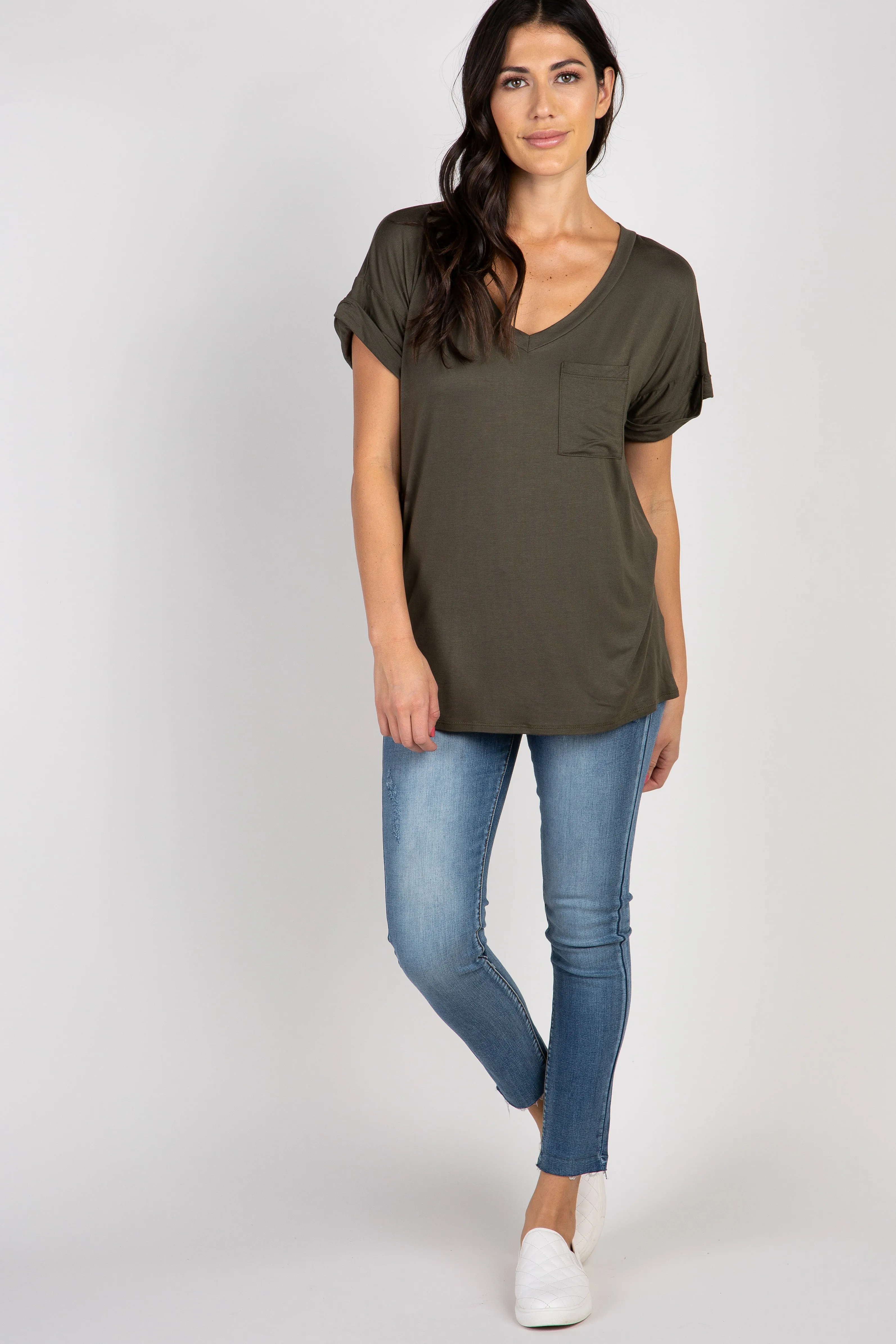 Olive V-Neck Pocket Accent Top