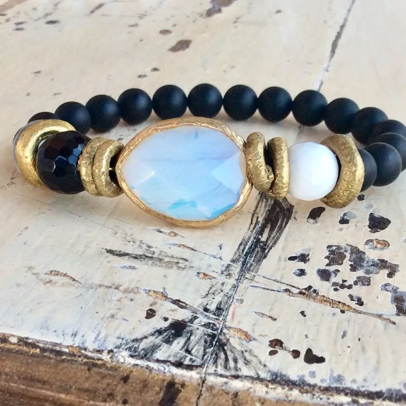 Opal Glass Bezel White Shell Onyx Bracelet Mala