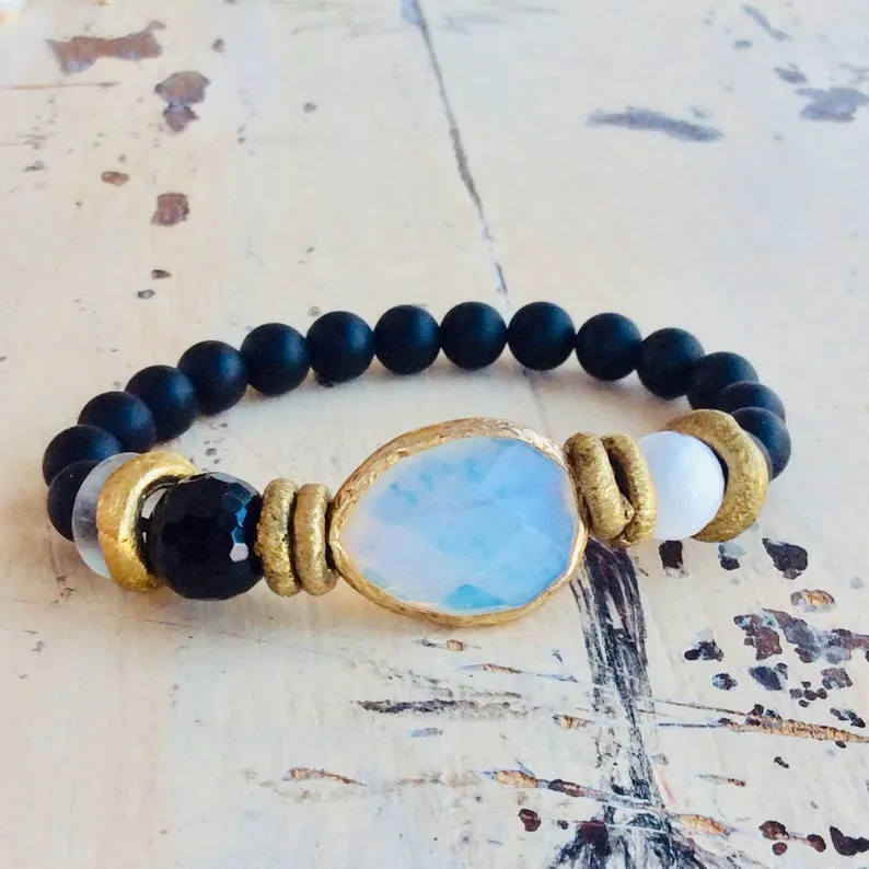 Opal Glass Bezel White Shell Onyx Bracelet Mala